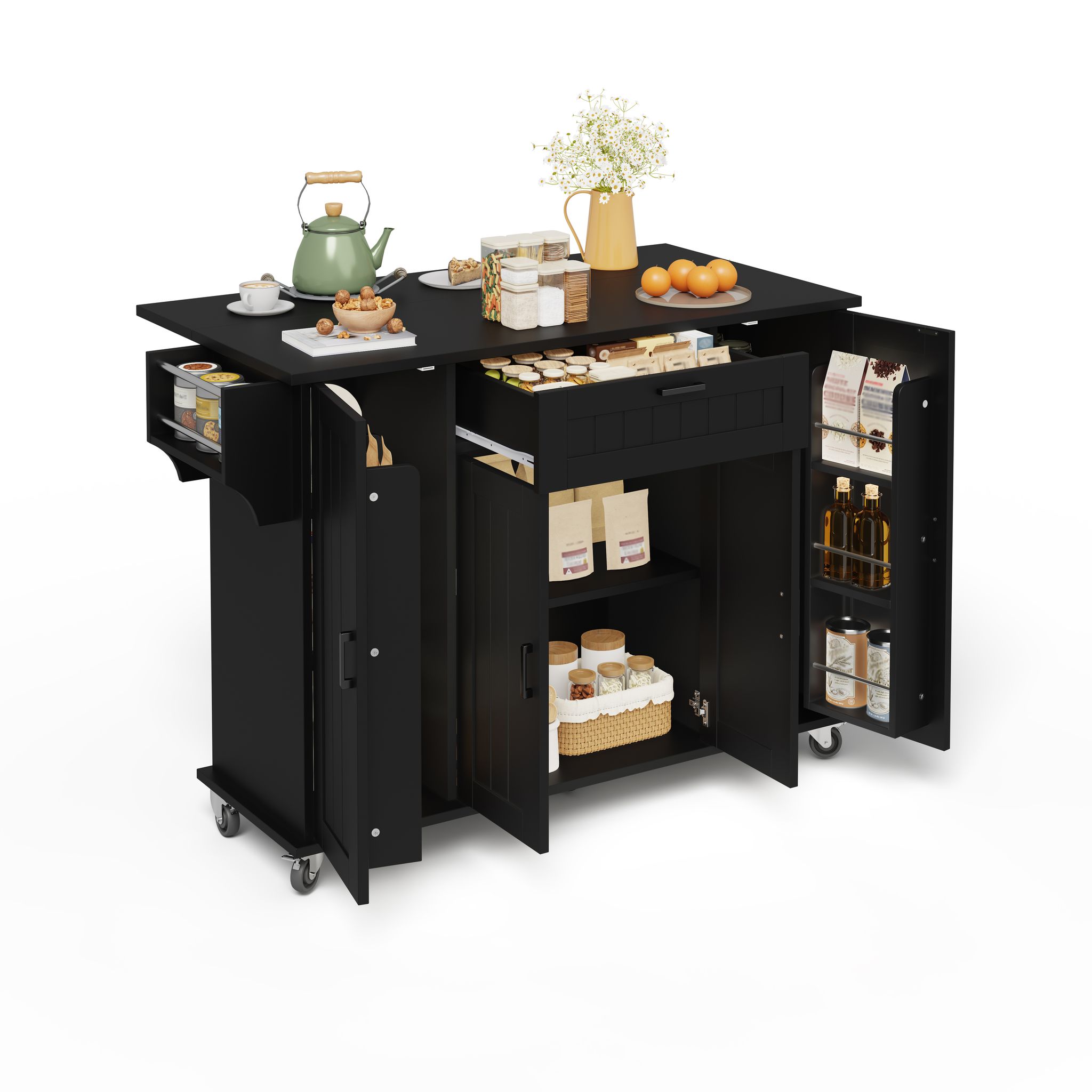 Elvmi Küchenwagen Mit 4 Türen, 1 Schublade, Klappbarer Arbeitsplatte Und Rollen, Für Küche, Mdf, 120x45x95 Cm, Schwarz
