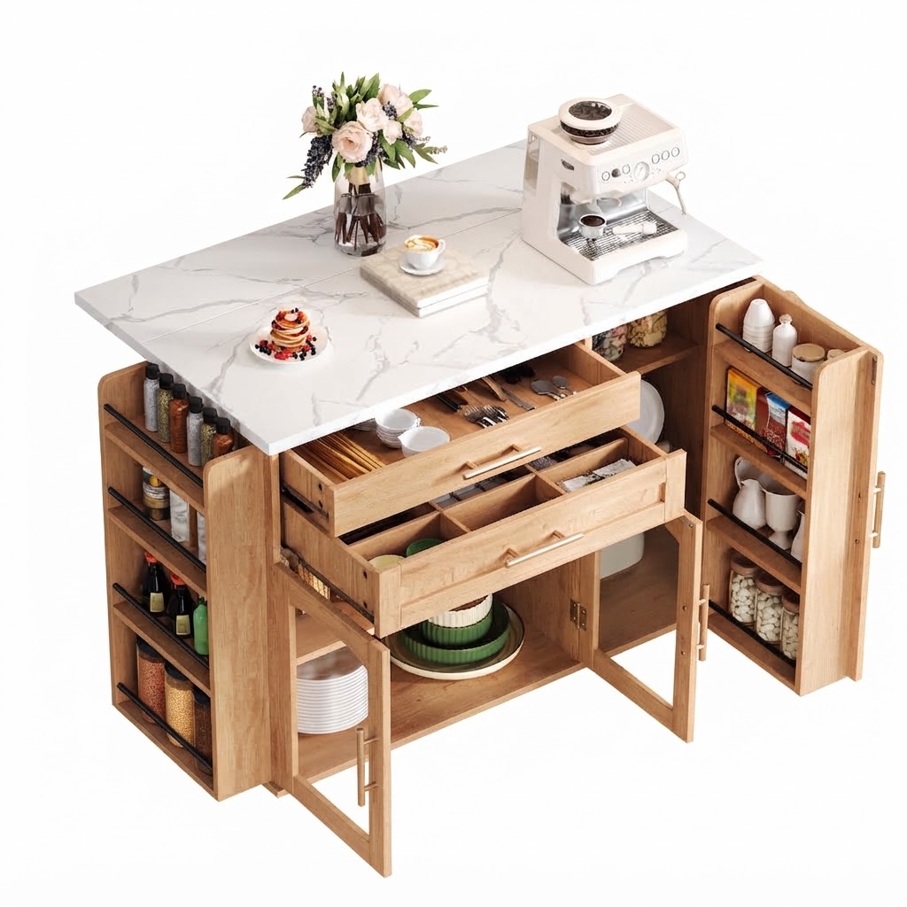 Elvmi Küchenwagen Mit 2 Glastüren, 2 Schubladen, Klappplatte, Verstellbaren Böden, Mdf Natur, 120 X 45 (70) X 90 Cm