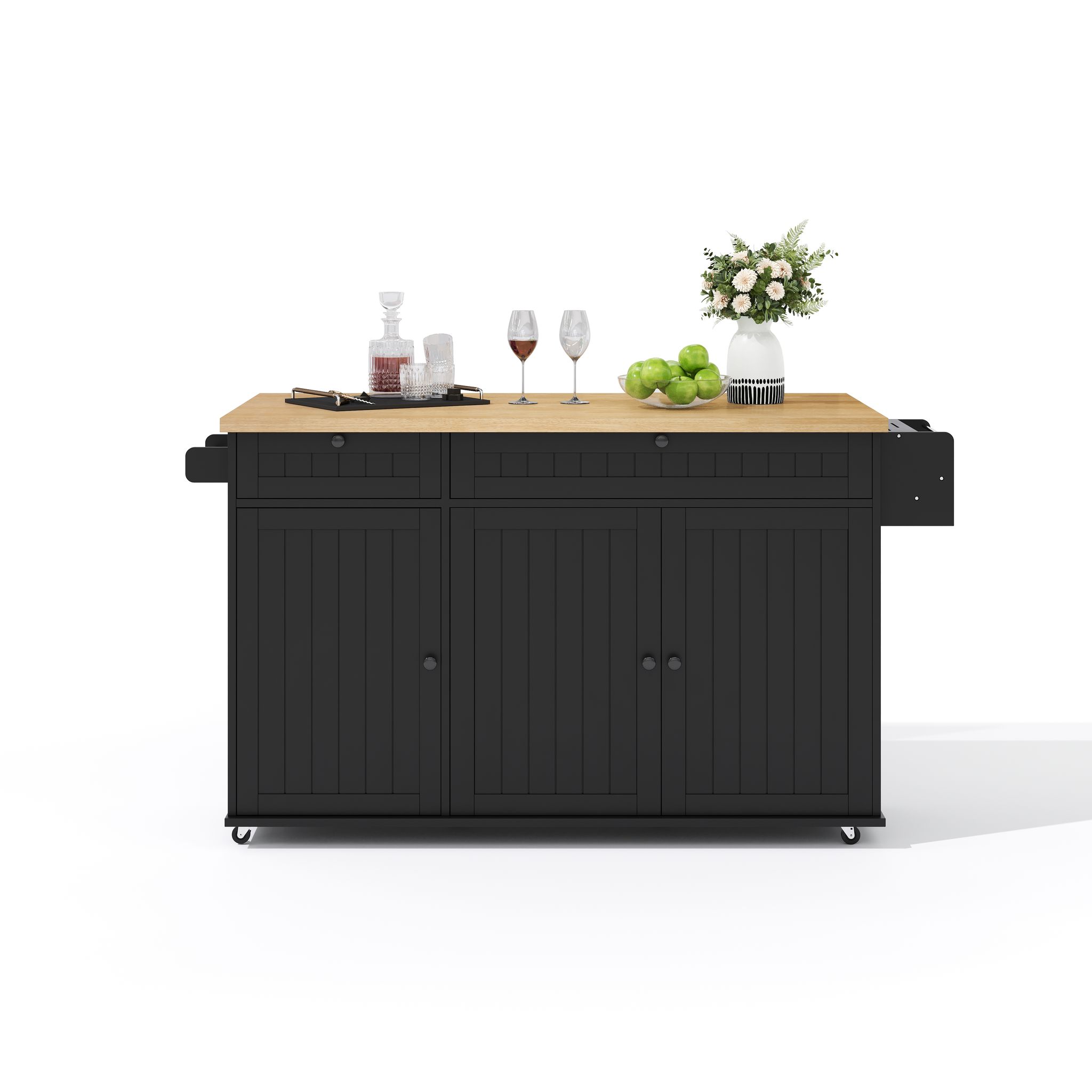 Elvmi Küchenwagen Mit 2 Schubladen, Schrank, Klapparbeitsplatte Und 6 Feststellrollen, Für Küche, Mdf, Natur Schwarz