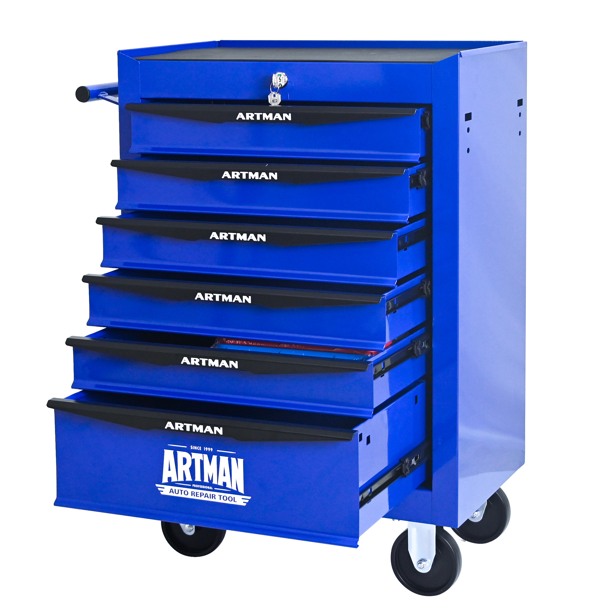Elvmi Werkzeugwagen Mit 6 Schubladen, Abschließbar Und Rollen Mit Bremsen, Stahl, 60 X 33 X 77.5 Cm, Schwarz Blau
