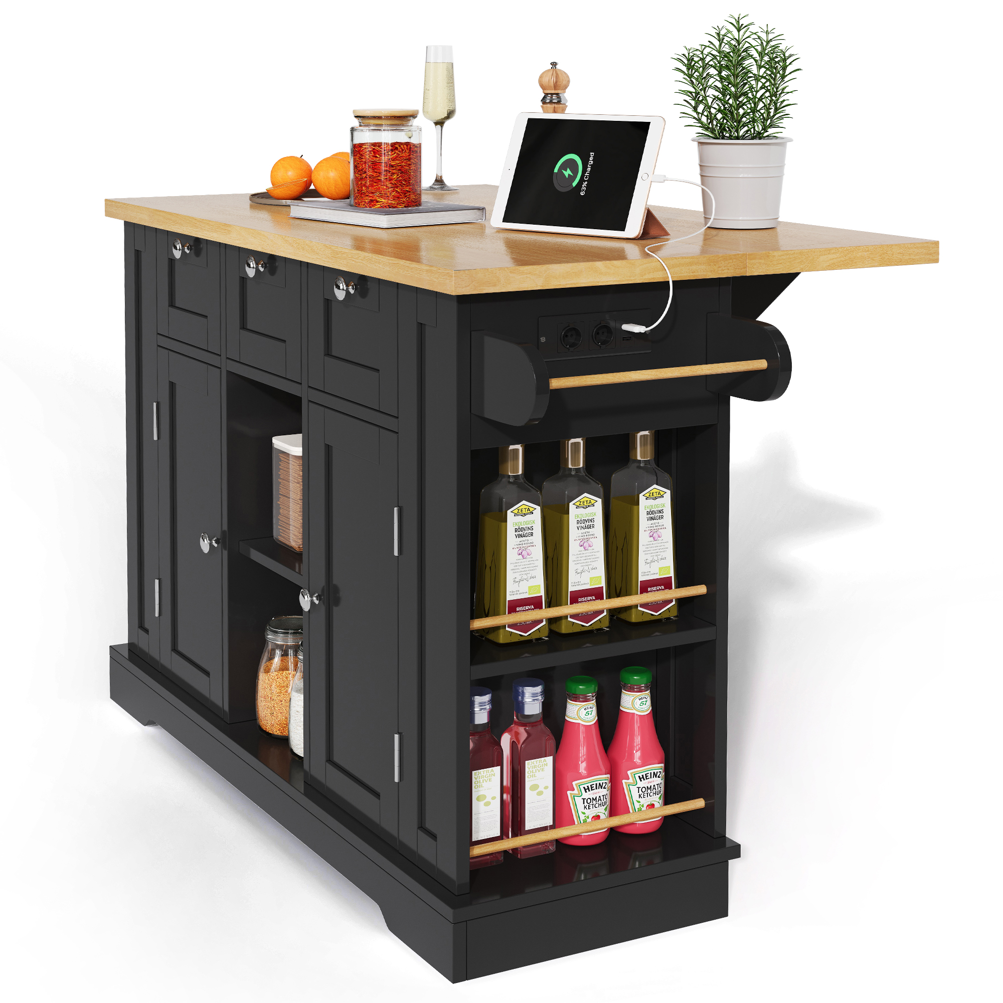 Elvmi Kücheninsel Mit 3 Schubladen, 2 Türen, Klappplatte, Steckdose, Usb Und Rollen, 132x40x87 Cm, Natur Schwarz