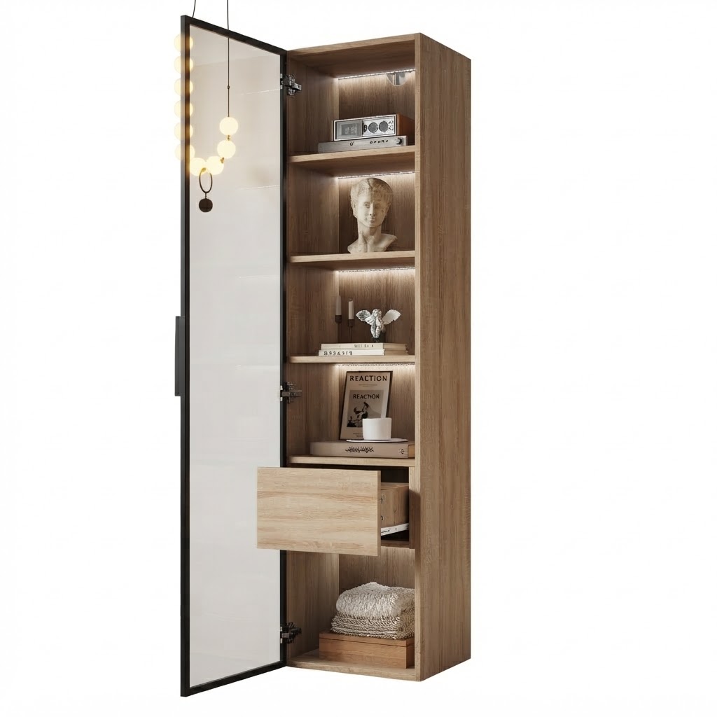 Elvmi Badezimmerschrank Mit 1 Glastür, 1 Großem Schubfach Und Offenen Fächern Aus Mdf, 40 X 34.5 X 165 Cm, Natur