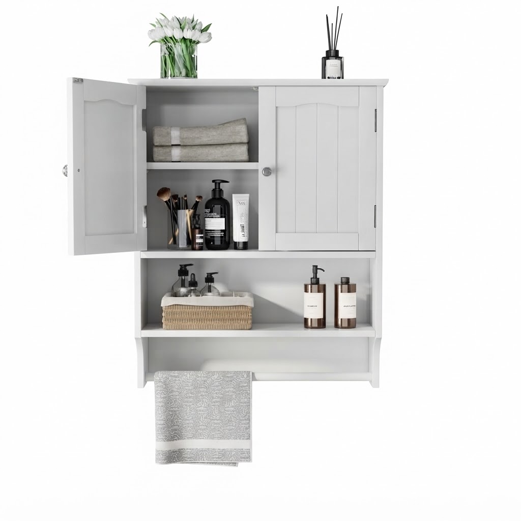 Elvmi Badezimmerschrank Zur Wandmontage Mit Tür, Verstellbaren Einlegeböden Und Handtuchhalter Aus Mdf Weiß 56.8 X 19 X 70 Cm