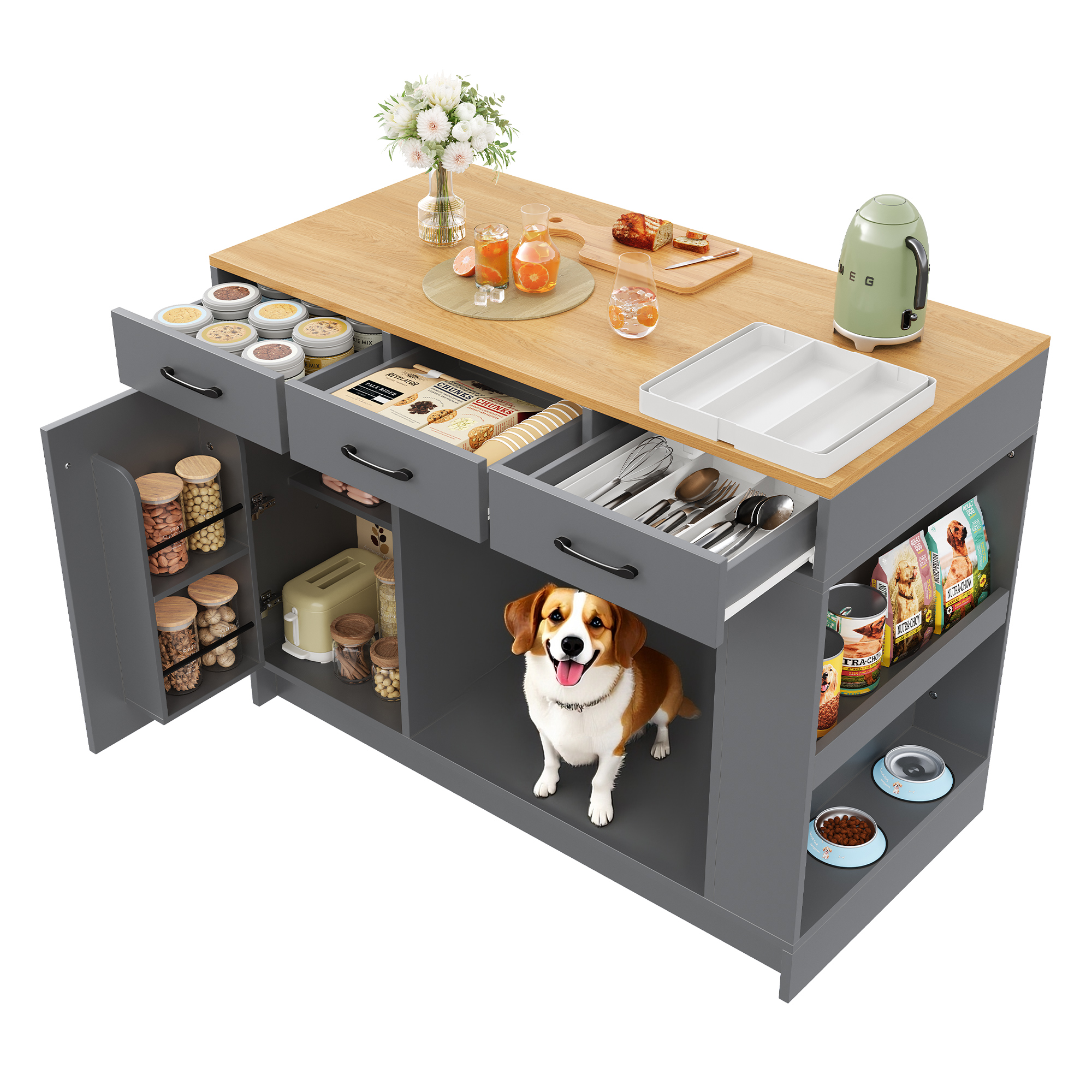 Elvmi Küchenwagen Mit 3 Schubladen, Gewürzregal, Verstellbarem Einlegeboden, Tierbereich, Mdf, 120x60x90 Cm, Naturgrau
