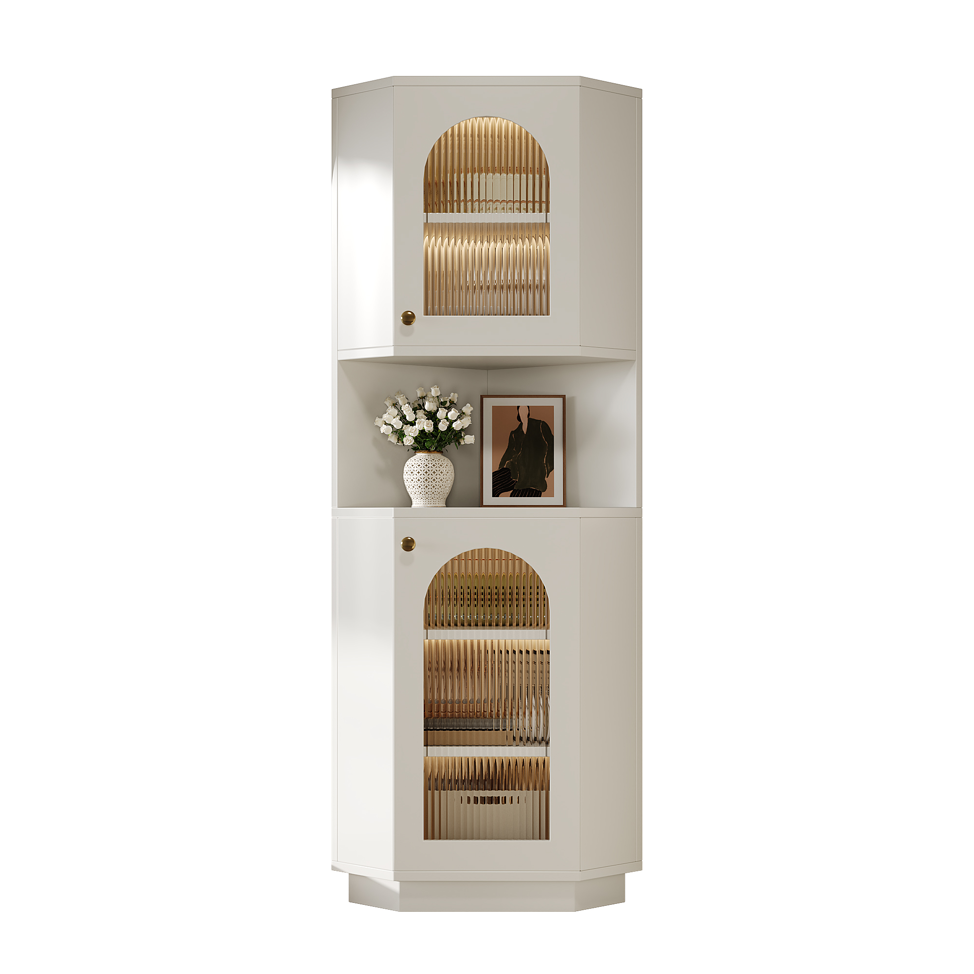 Elvmi Eck-badezimmerschrank Mit 1 Tür, Offenen Fächern Und Lichtleiste Für Badezimmer Aus Mdf Weiß