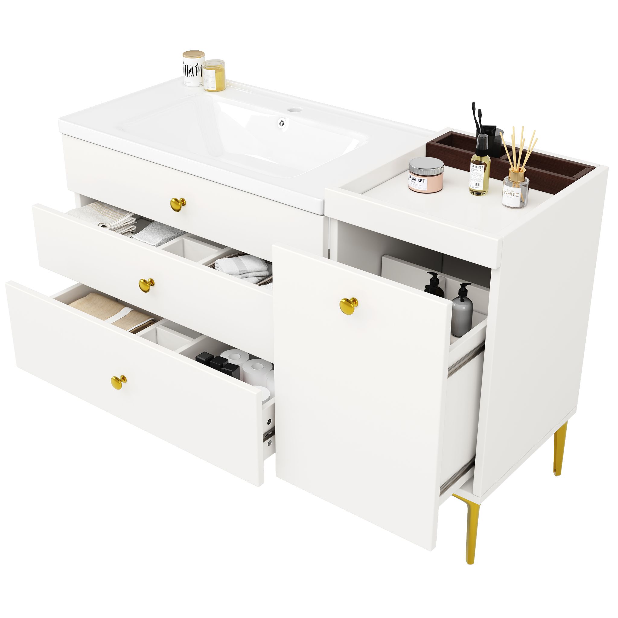 Elvmi Waschbeckenunterschrank Mit 5 Schubladen, 1 Schrank Und Keramikwaschbecken, Badezimmer, Mdf, 120 X 47.5 X 80 Cm, Weiß