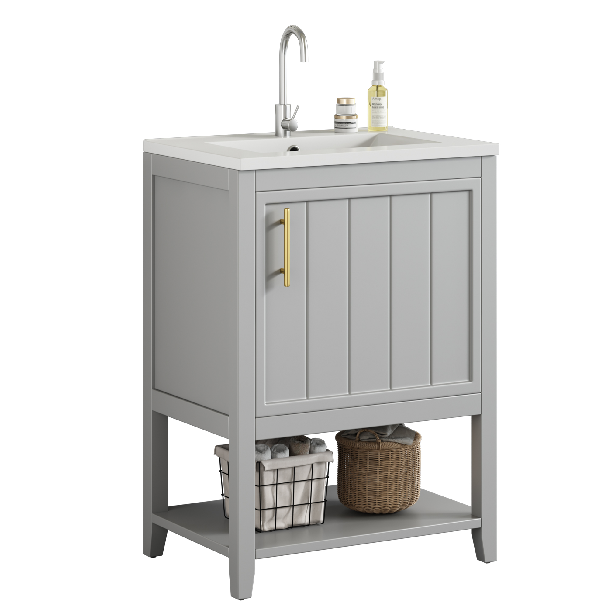 Elvmi Waschtischunterschrank Mit Innenregalen Und Keramikwaschbecken Für Badezimmer, Mdf Grau, 61 X 47 X 87 Cm