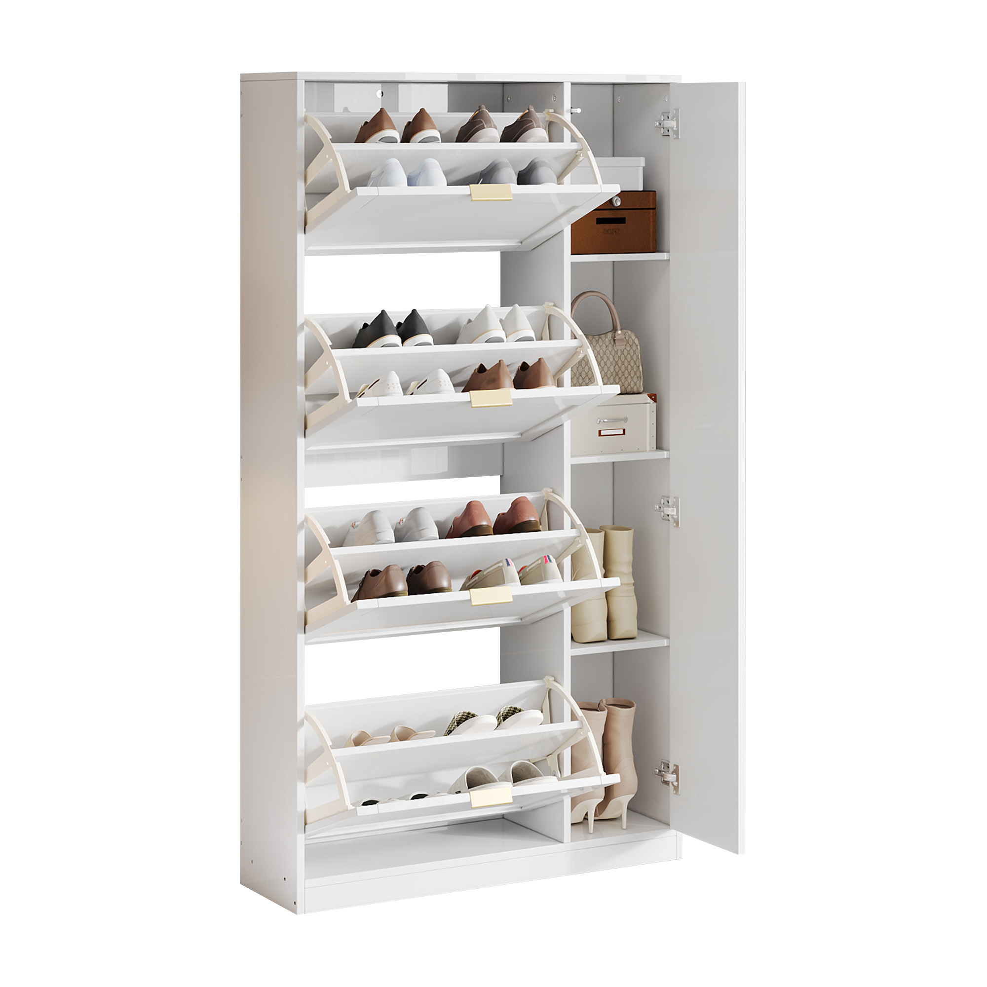 Elvmi Schuhschrank Mit 4 Klappfächern, Spiegeltüren Und Verstellbaren Einlegeböden, Flur, Weiß, 80x24x147 Cm