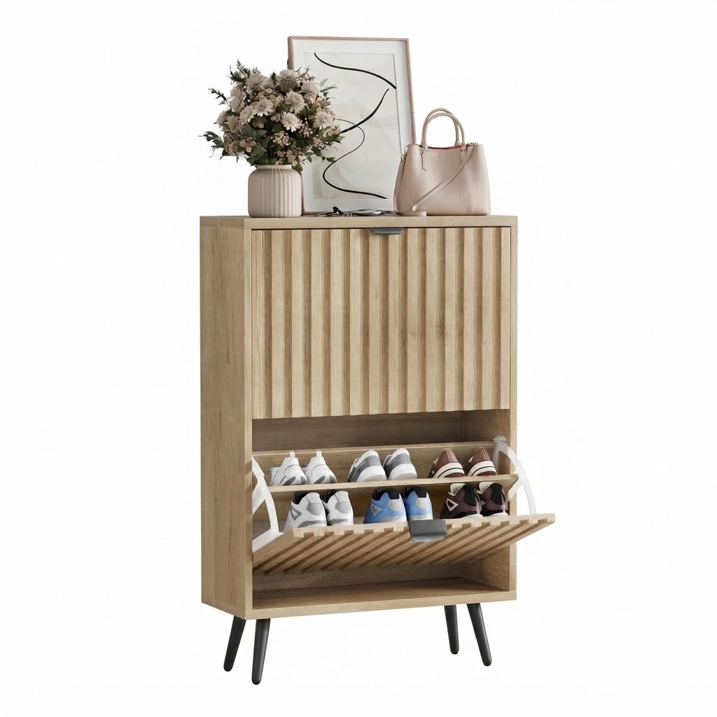 Elvmi Schuhschrank Mit 2 Klappfächern Und Verstellbaren Trennwänden, Für Flur, Mdf Und Spanplatte, Eiche