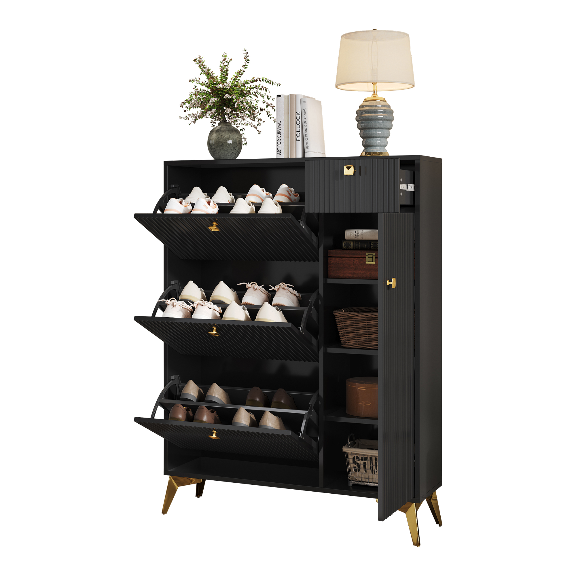 Elvmi Schuhschrank Mit 3 Klappen, 1 Schublade Und 1 Tür, Metallgriffen, Flur, Schwarz, 90 X 25 X 121 Cm