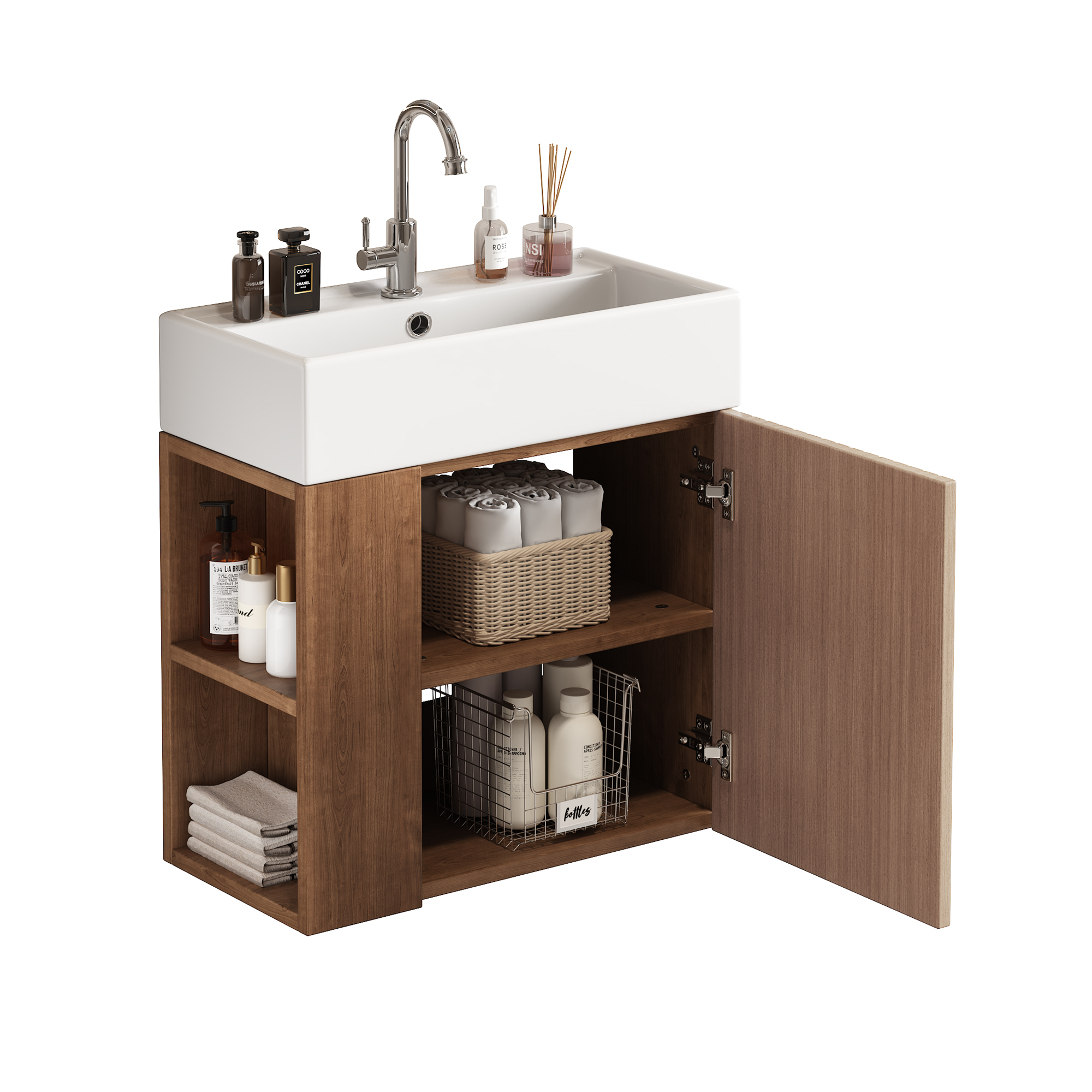 Elvmi Waschtischunterschrank Mit 1 Tür Und Seitenfächern, Keramikwaschbecken, Für Badezimmer, Mdf, Braun