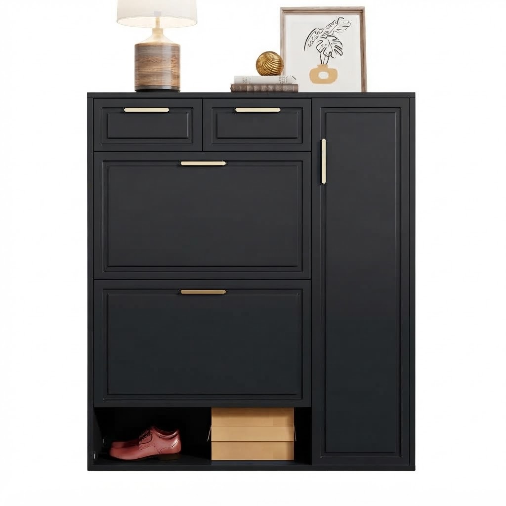 Elvmi Schuhschrank Mit 2 Schubladen, Verstellbaren Böden Und Offenen Fächern, Mdf, Schwarz, 95 X 24 X 107 Cm