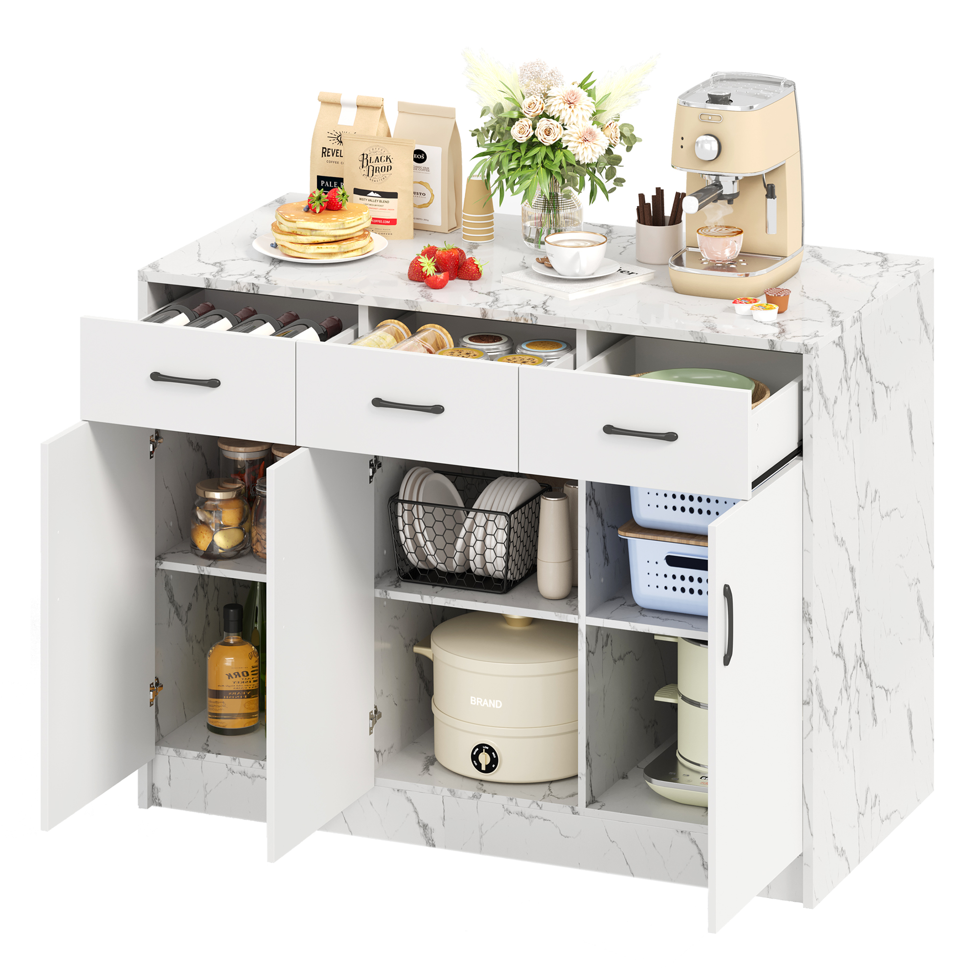 Elvmi Kücheninsel Mit 3 Türen, 3 Schubladen, Verstellbaren Einlegeböden Und Barbereich, Mdf Weiß, 120 X 60 X 90.5 Cm