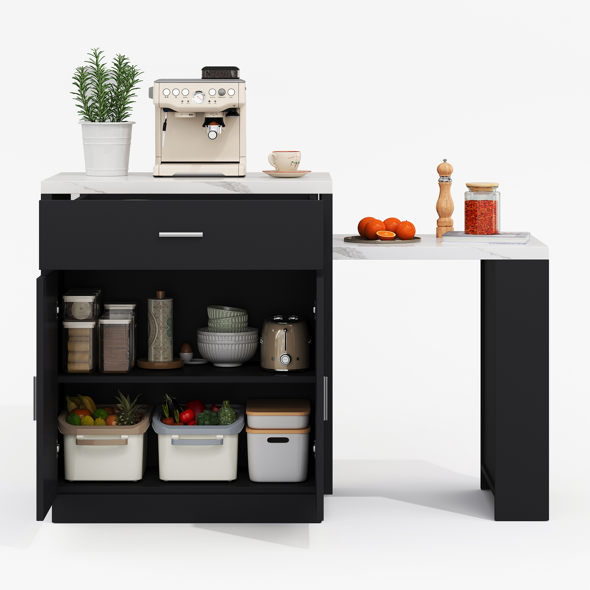 Elvmi Kücheninsel Mit Ausziehbarem Esstisch, 2 Schubladen Und Regalen, Usb-anschlüssen, Mdf, 211 X 55 X 89.5 Cm, Schwarz