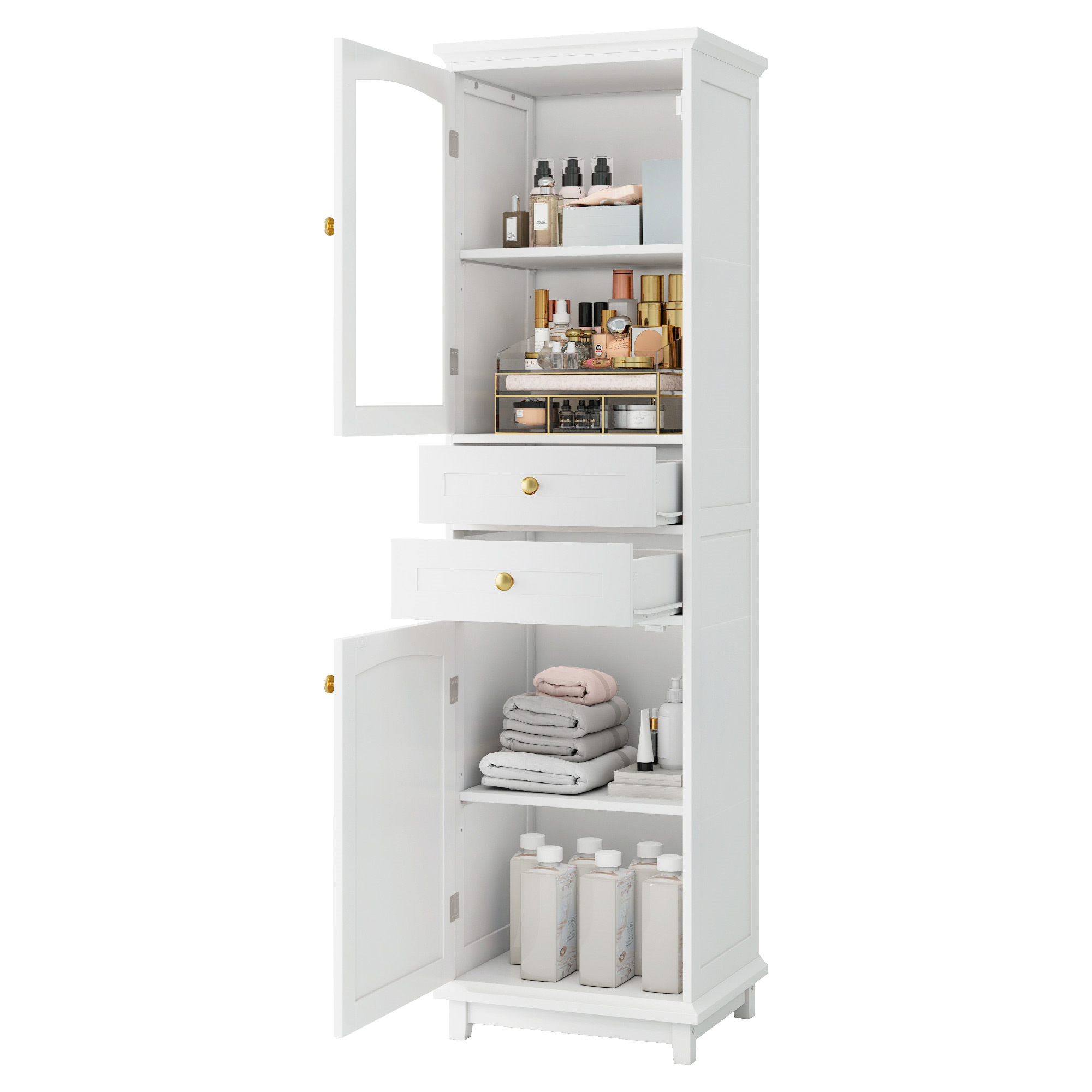 Elvmi Badezimmerschrank Mit 2 Schränken, 2 Schubladen Und Verstellbarem Einlegeboden, Mdf, 45 X 36 X 160 Cm, Weiß