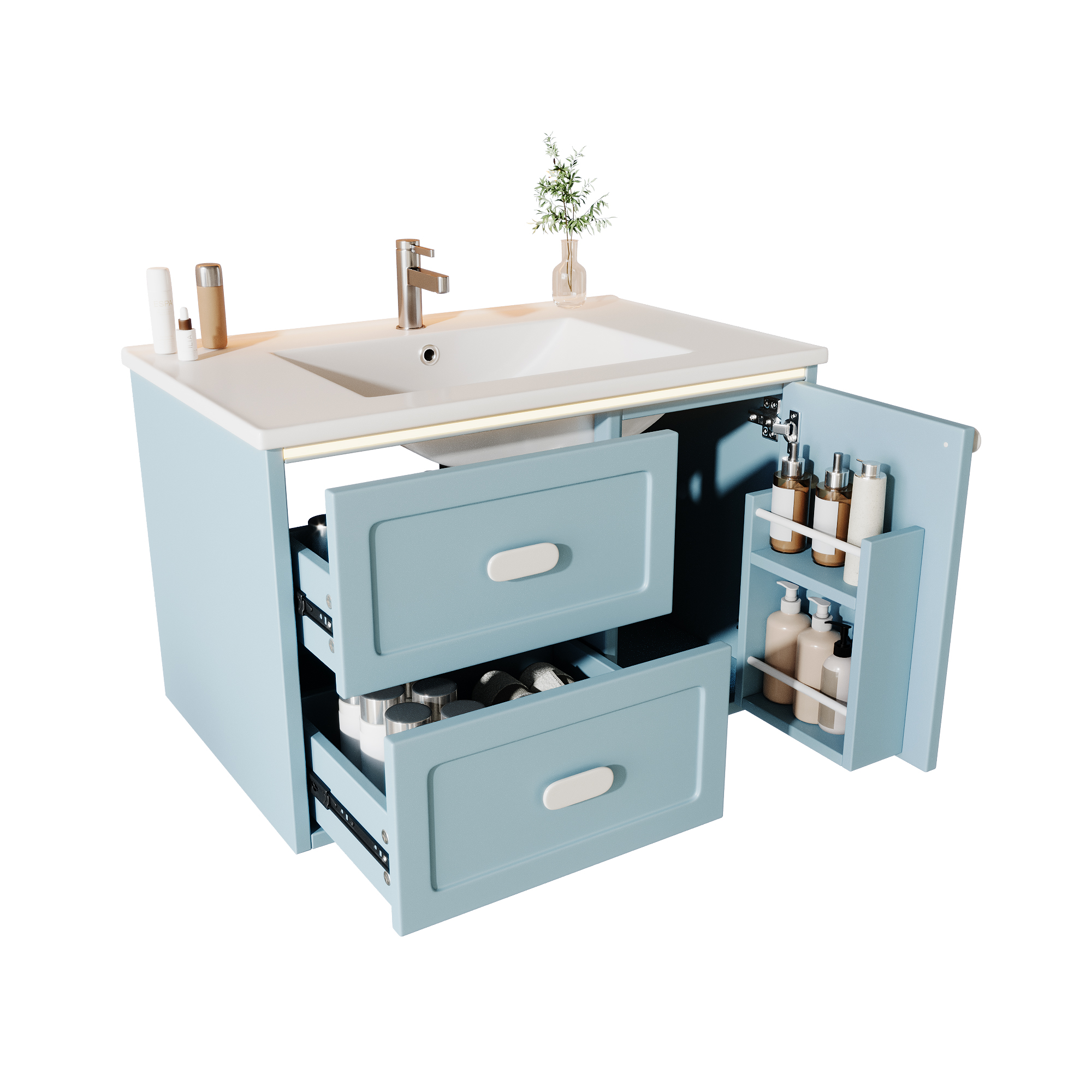 Elvmi Hängender Waschtischunterschrank Mit 2 Schubladen, Led-radarsensor Und Keramikwaschbecken, Bad, Mdf, 76x46x51 Cm, Blau