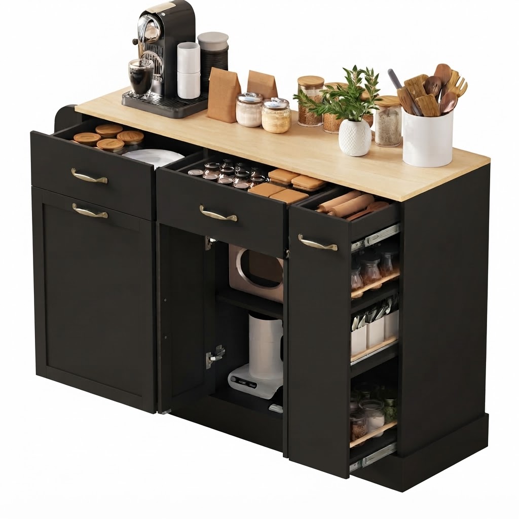 Elvmi Küchenschrank Mit Offenen Regalen Und Müllfach Für Küche Und Esszimmer, Aus Mdf, 133.5 X 40 X 86 Cm, Schwarz