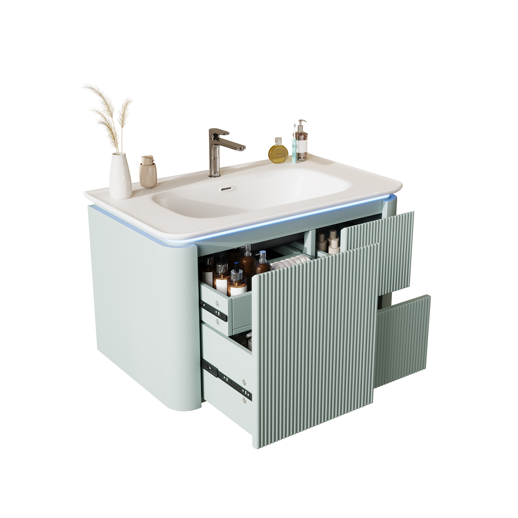 Elvmi Wandhängender Waschtischunterschrank Mit 4 Schubladen, Led Mit Bewegungssensor, Für Badezimmer, Mdf Und Keramik, 80.5 X 47.5 X 51 Cm, Grün