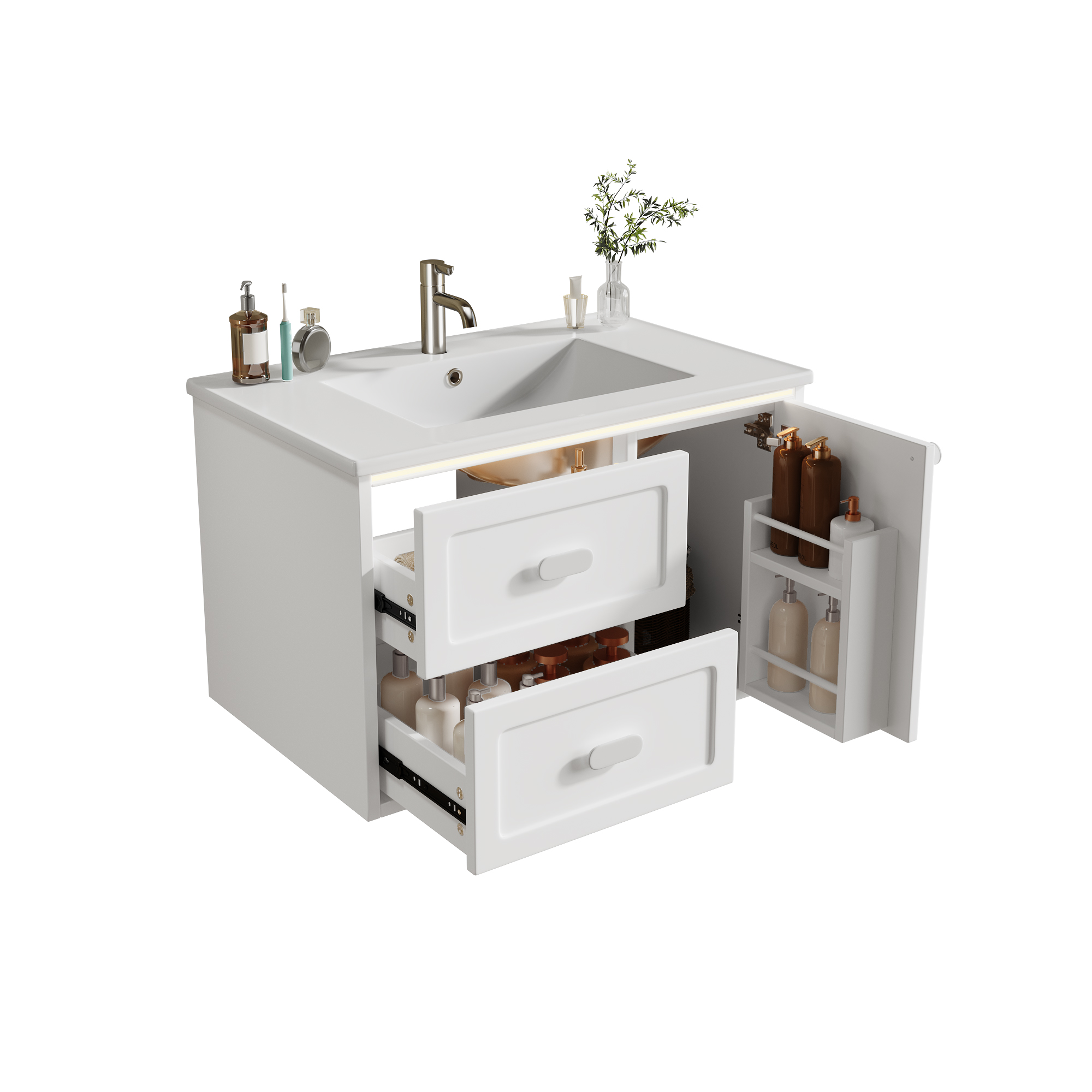 Elvmi Waschtischunterschrank Mit 2 Schubladen, 1 Tür Und Led-sensor, Mdf, 76 X 46 X 51 Cm, Weiß