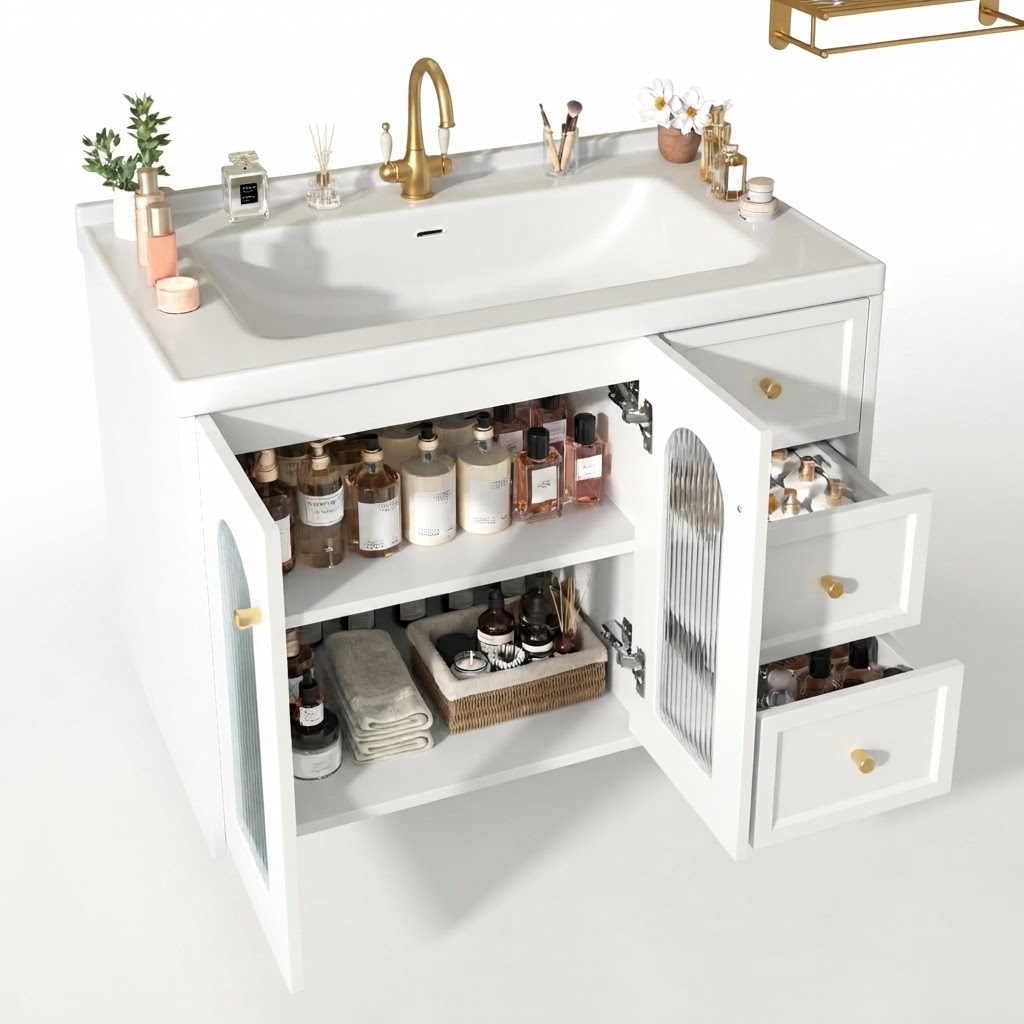 Elvmi Hängender Waschbeckenunterschrank Mit 2 Schubladen, Wellglastür Und Verstellböden, Mdf Weiß, 80x50x58 Cm