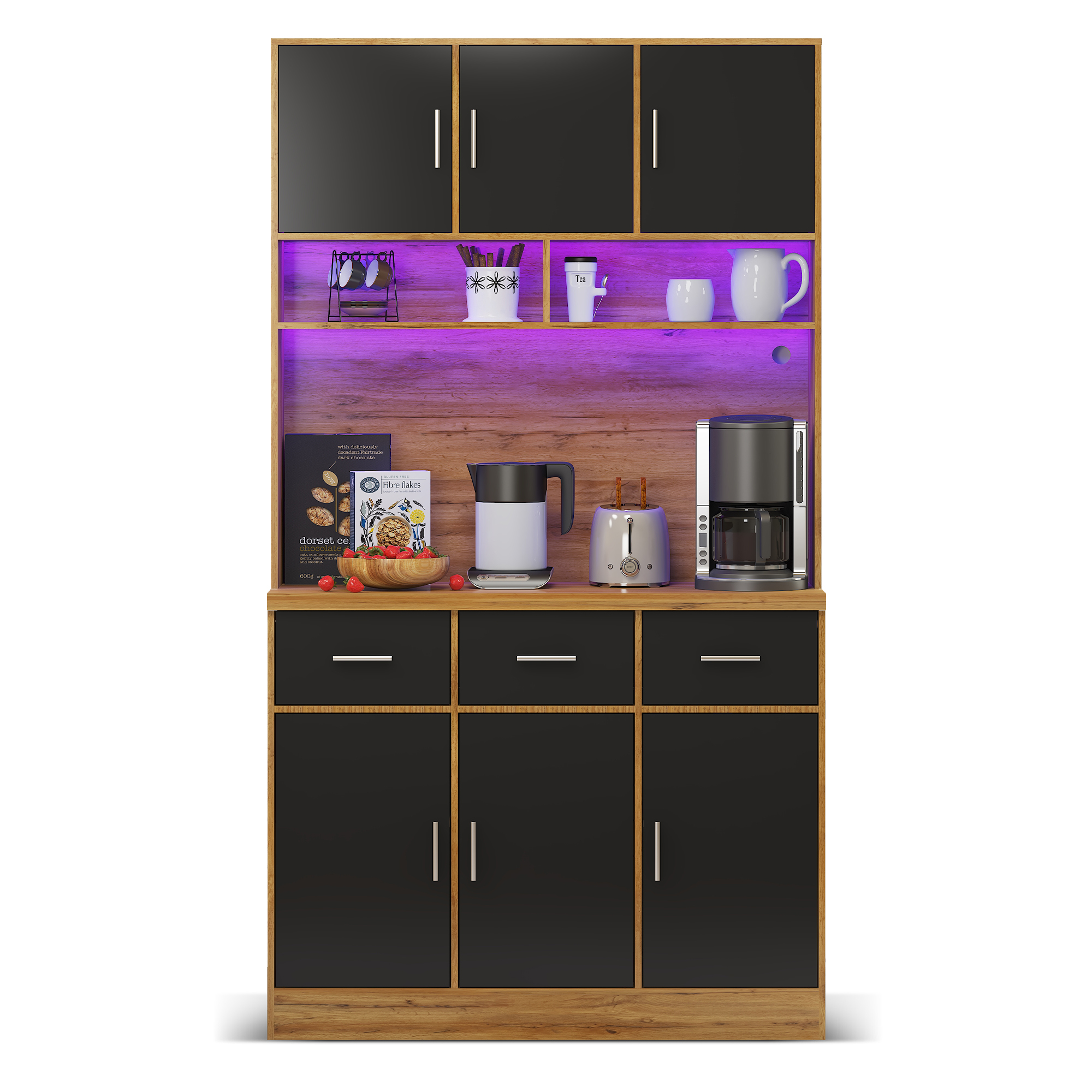 Elvmi Küchenschrank Mit 6 Türen, 3 Schubladen, Verstellbaren Einlegeböden, Led Und Usb-anschlüssen, Mdf, 100 X 40 X 180 Cm, Natur Schwarz