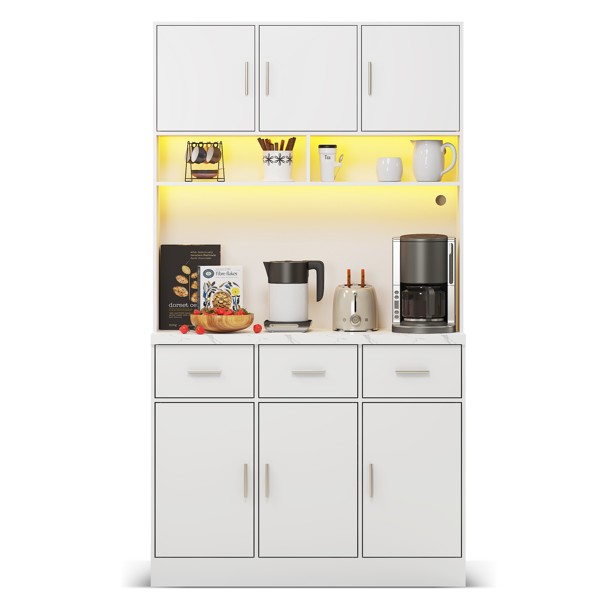 Elvmi Hochschrank Küche Mit 6 Türen, 3 Schubladen, Led Und Usb-steckdosen Für Küche Aus Mdf, 100 X 40 X 180 Cm, Weiß