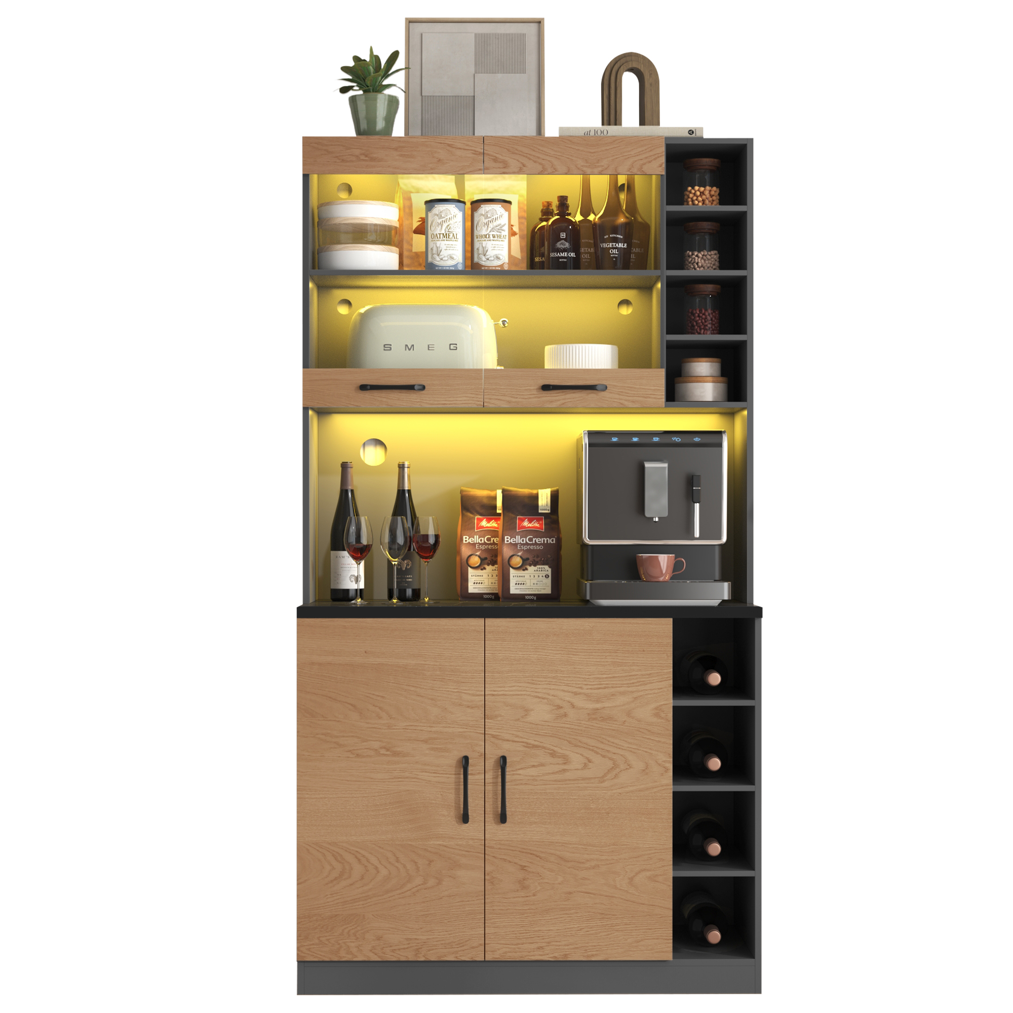 Elvmi Küchenhochschrank Mit 2 Türen, 4 Verstellbaren Ablagen Und Led, Aus Mdf, 100 X 47 X 187 Cm, Grau Natur