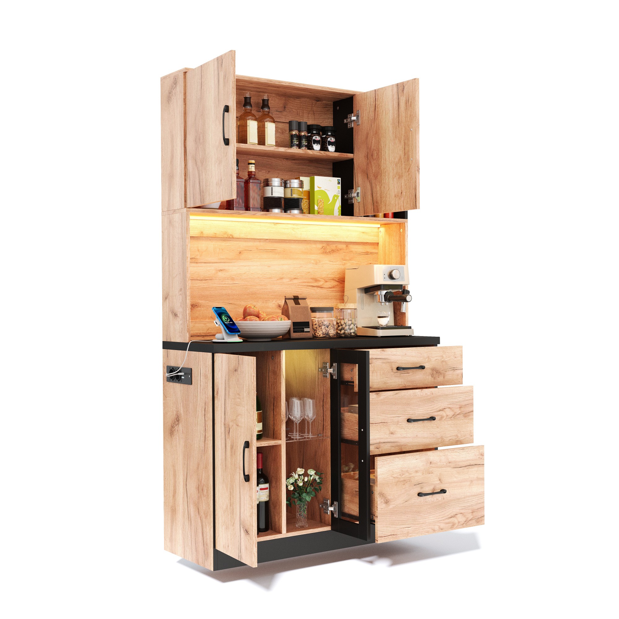 Elvmi Küchenhochschrank Mit 3 Schubladen, Verstellbaren Böden, Led Und Usb-steckdosen, Mdf, 105 X 40 X 180 Cm, Schwarz