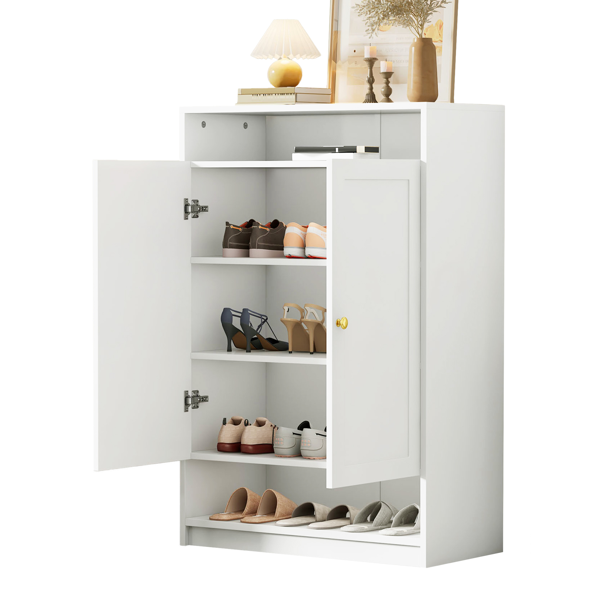 Elvmi Schuhschrank Mit 2 Türen, Verstellbaren Einlegeböden Und Metallgriffen Für Den Flur, Weiß, 73 X 34 X 109 Cm