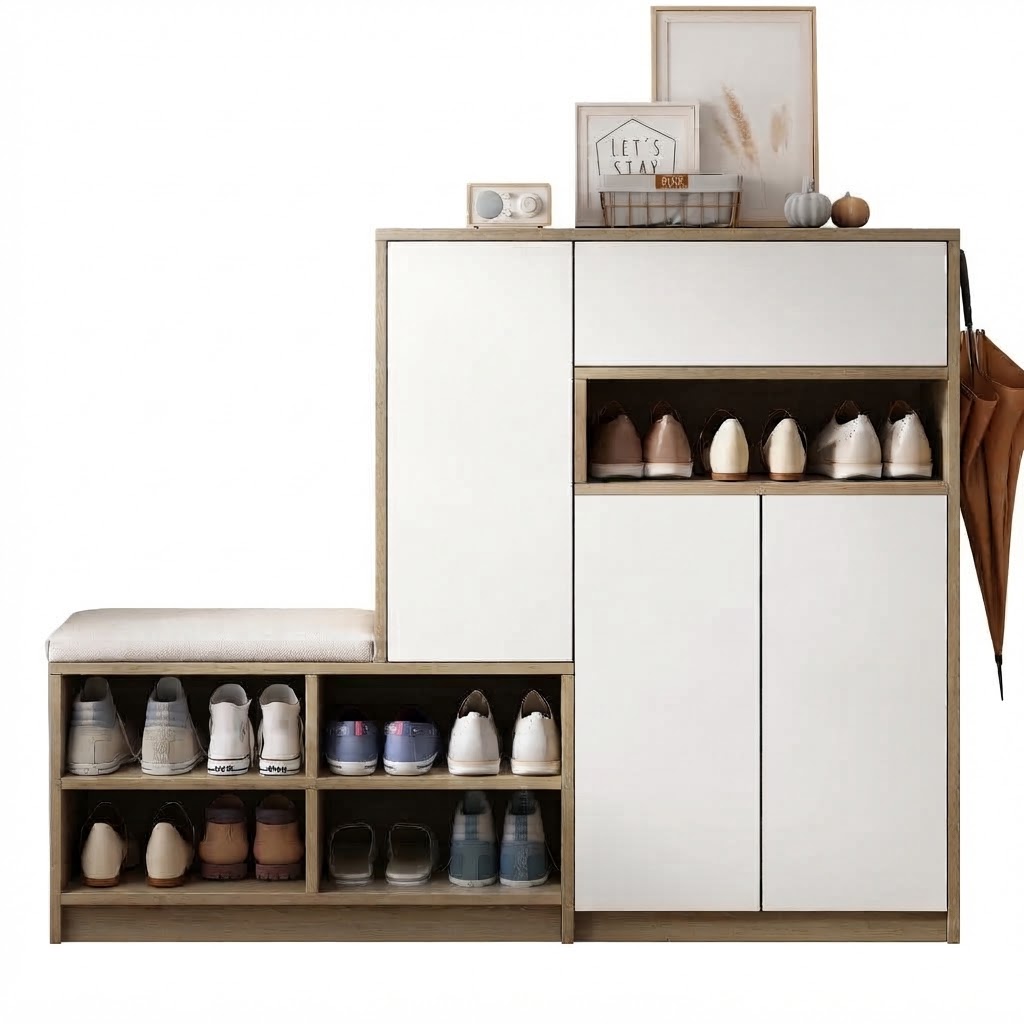 Elvmi Schuhschrank Mit Gepolsterter Sitzbank, Verstellbaren Einlegeböden, Grifflos, 140x35x110 Cm
