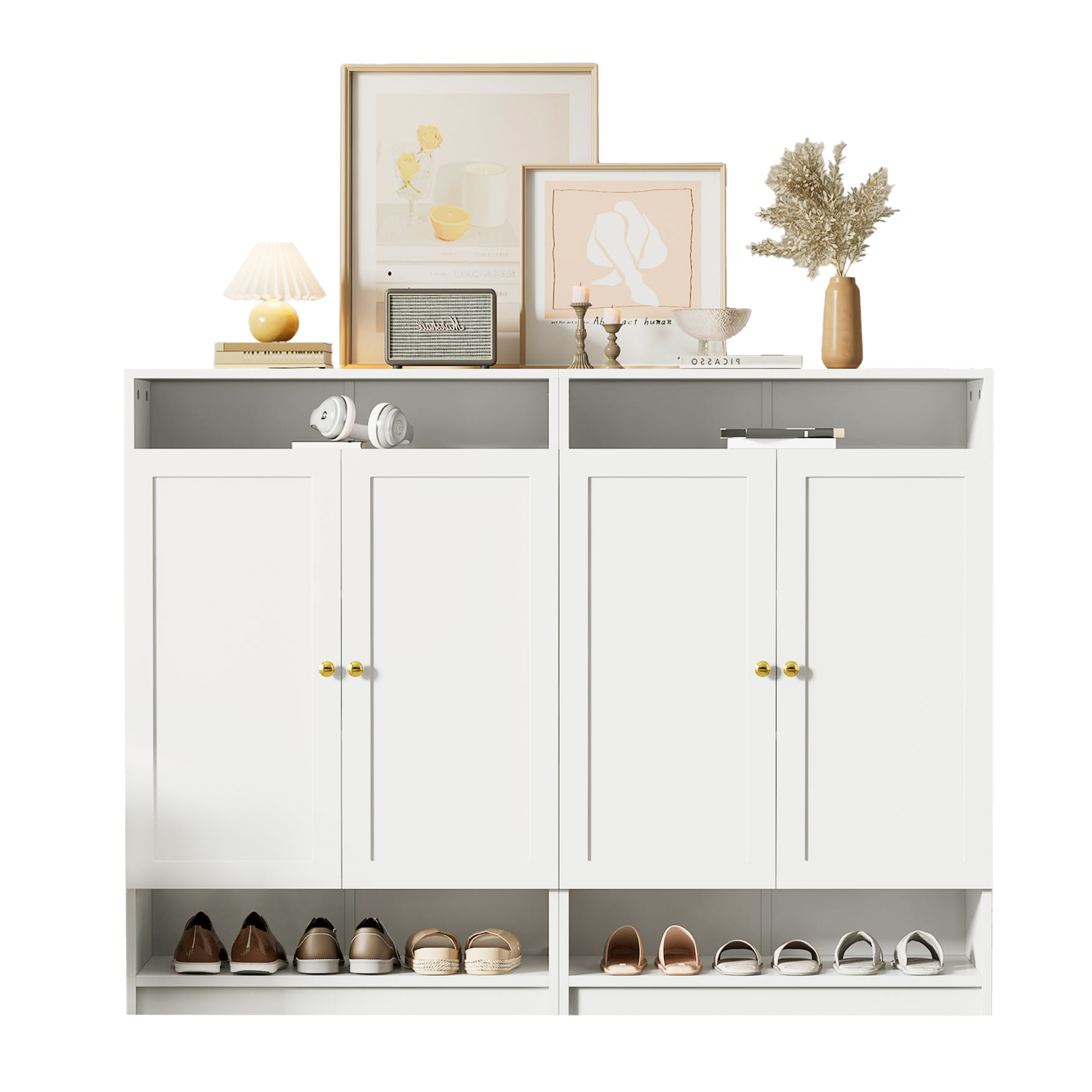 Elvmi Schuhschrank Mit 2 Türen, Verstellbaren Einlegeböden Und Offenen Fächern Für Flur Weiß 146x34x109 Cm