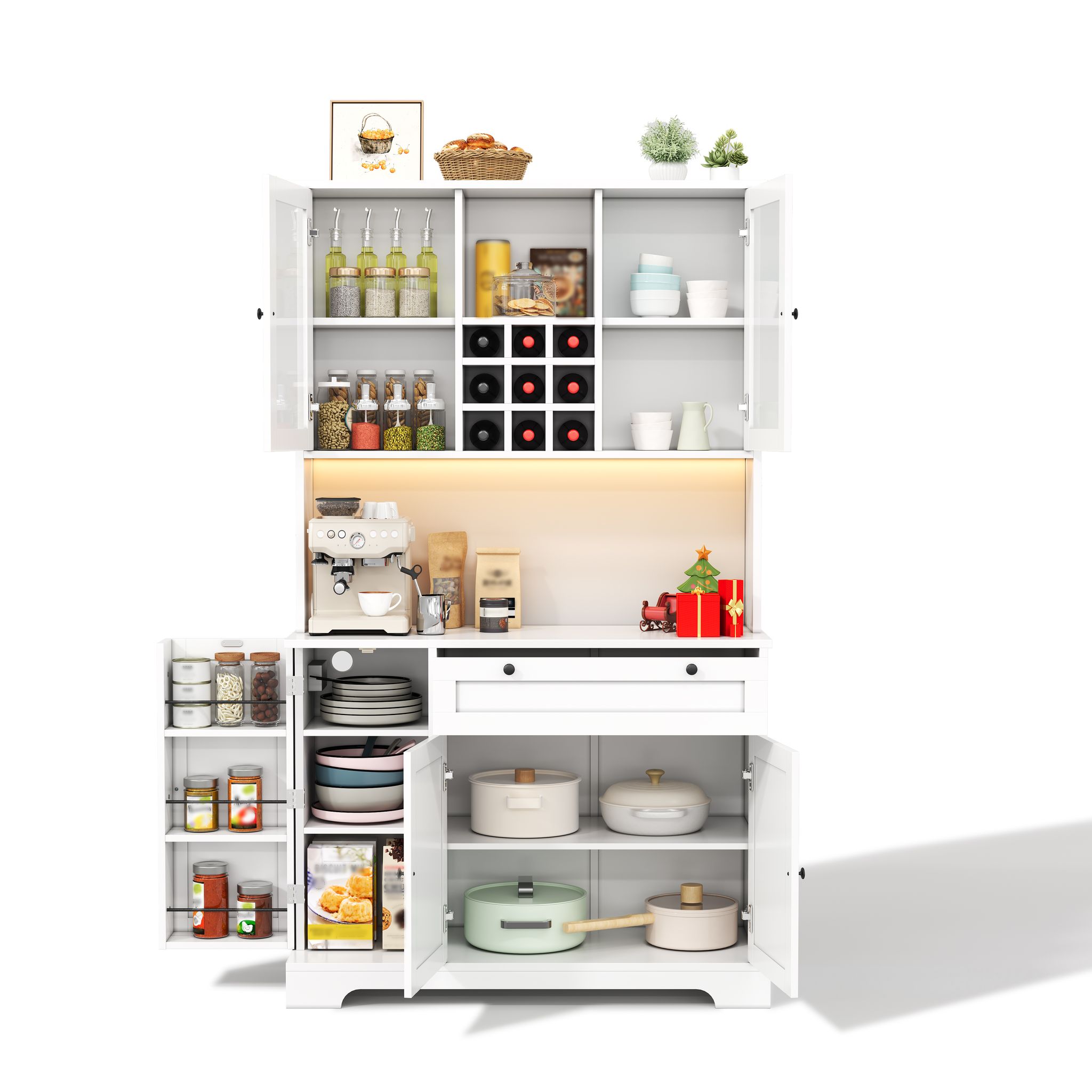 Elvmi Hoher Küchenschrank Mit 5 Türen, 1 Schublade, Verstellbaren Böden, Led Und Steckdose, Mdf Weiß, 105 X 40 X 180 Cm