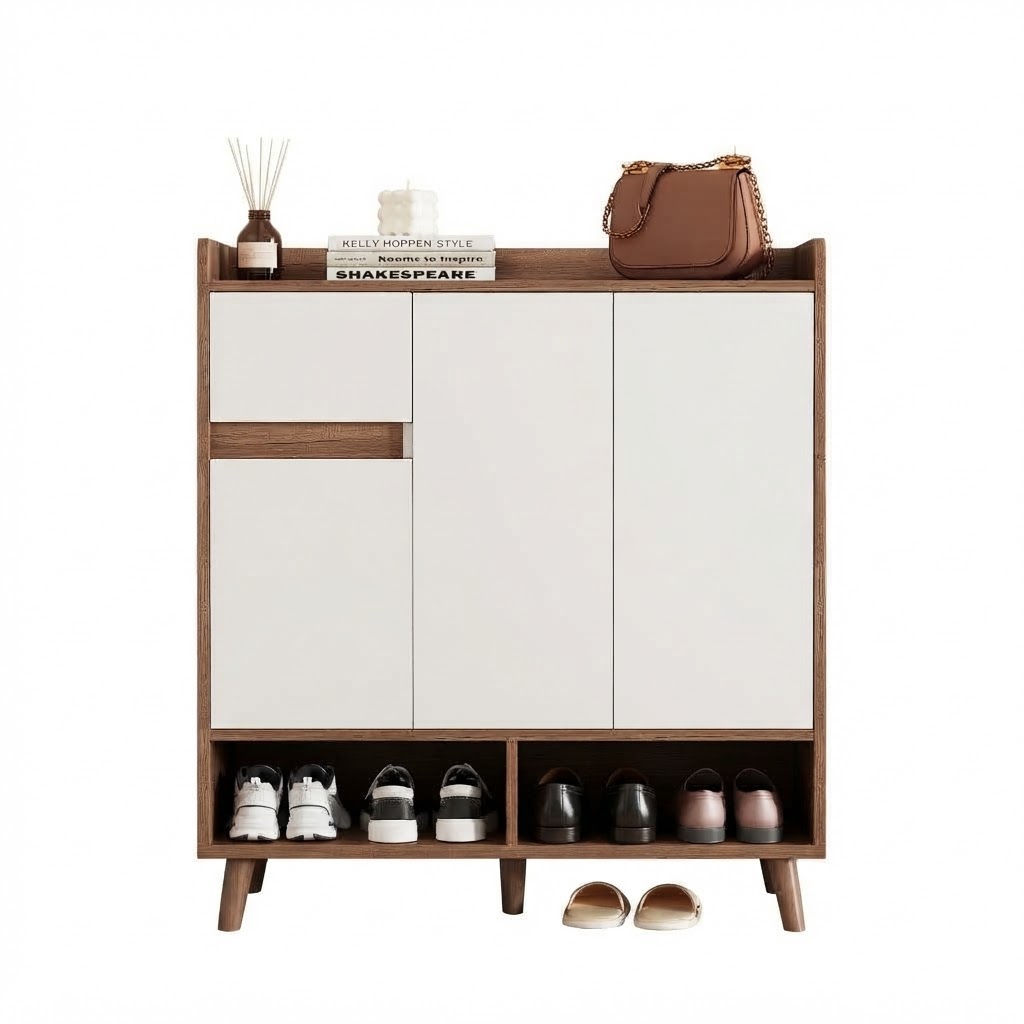 Elvmi Schuhschrank Mit Schubladen, Offenen Fächern Und Verstellbaren Einlegeböden, Für Flur, Weiß Natur, 90 X 35 X 99 Cm