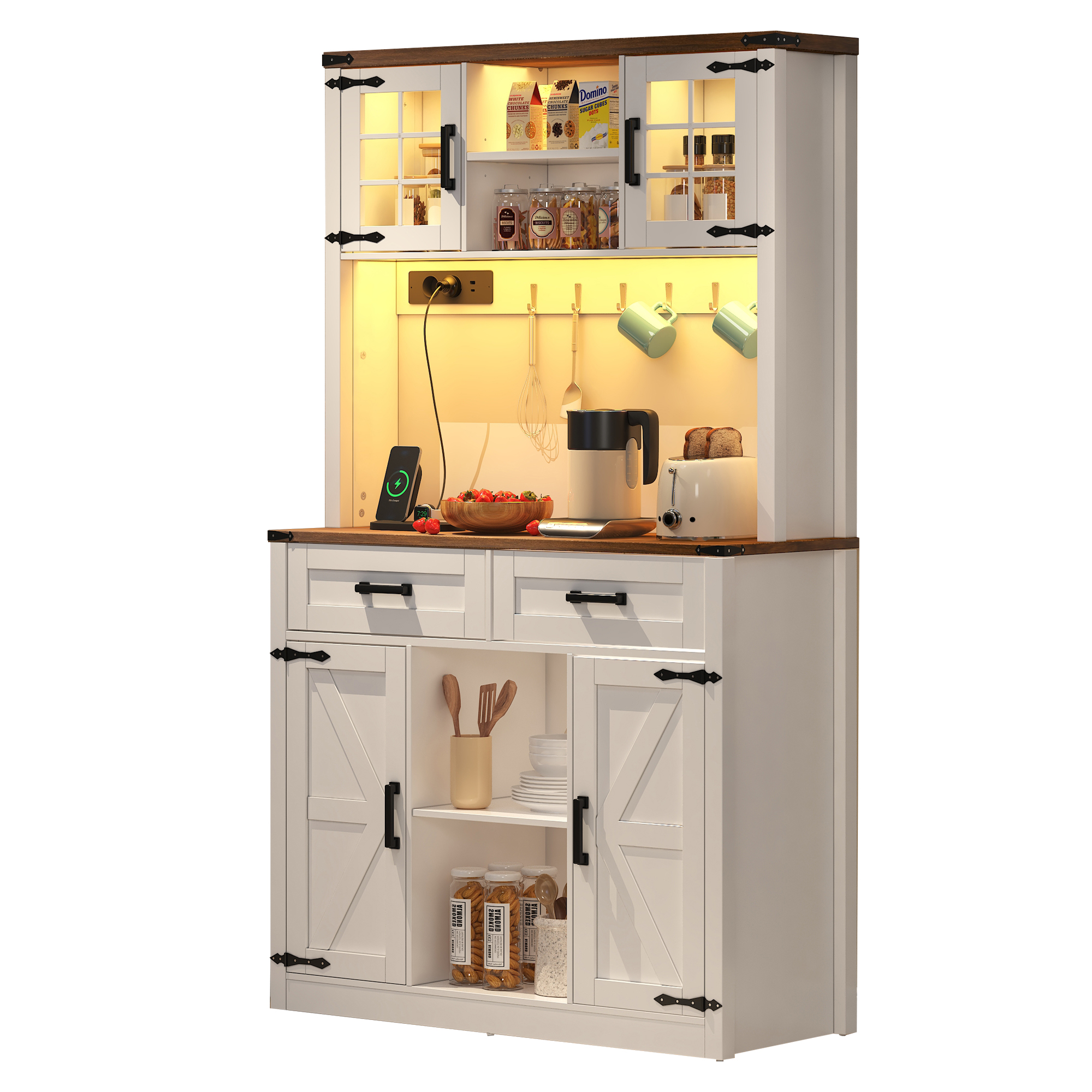 Elvmi Küchenbuffet Mit Verstellbarer Led, Steckdosen Und Usb Anschlüssen, 2 Schränken, Mdf, Braun Und Weiß