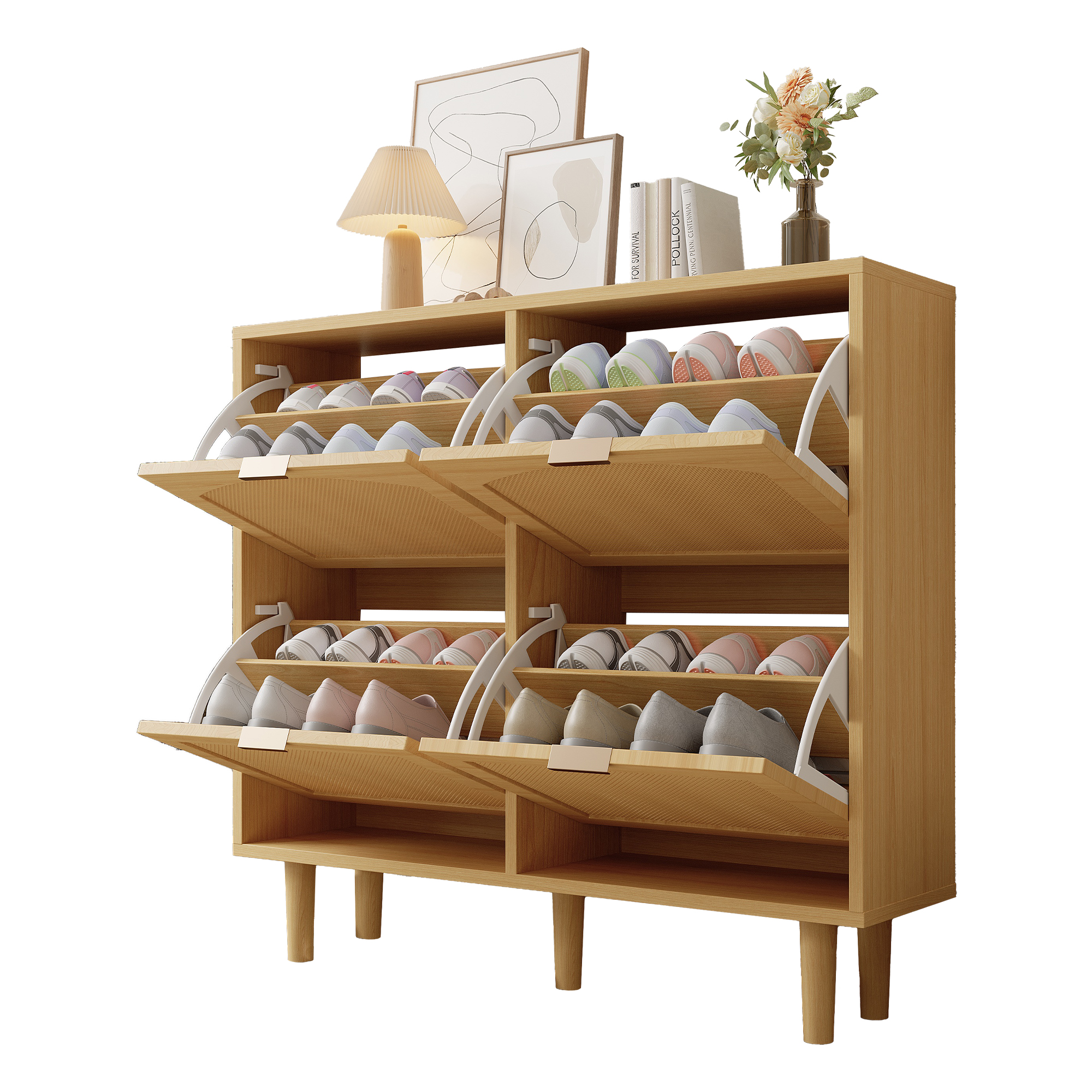 Elvmi Schuhschrank Mit 4 Klappfächern Und Verstellbaren Einlegeböden Für Flur, 100 X 25 X 90 Cm, Helle Eiche