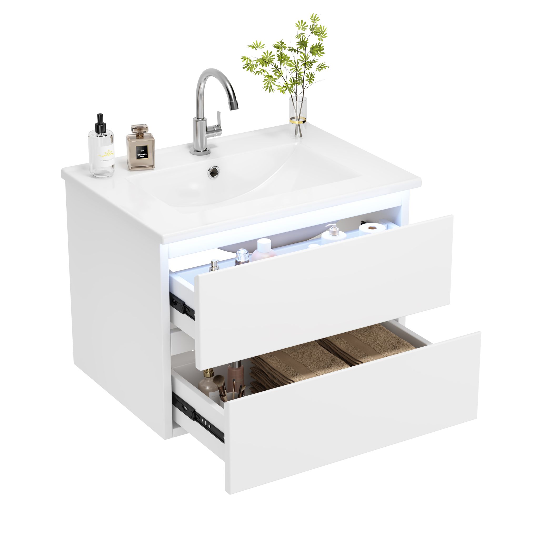 Elvmi Hängender Waschtischunterschrank Mit 2 Schubladen, Led-sensorlicht, Bad, Mdf Und Keramik, 61 X 46 X 45 Cm, Weiß