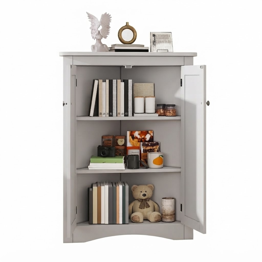 Elvmi Eckschrank Mit 2 Türen Und 3 Ebenen, Lackierter Oberfläche, Für Badezimmer Aus Mdf Weiß, 61.5 X 80 Cm