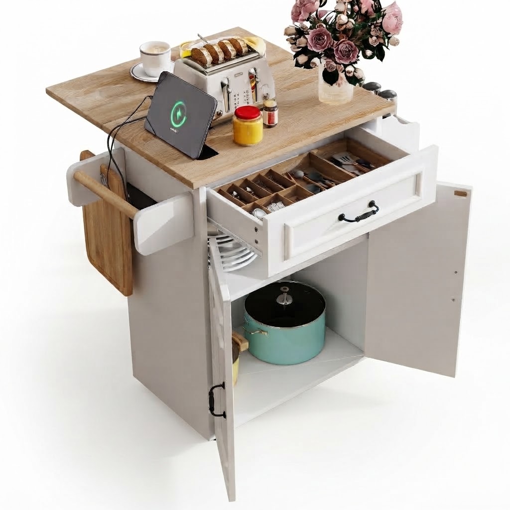 Elvmi Küchenwagen Mit 2 Türen, Schublade, Einlegeboden, Klappbarer Arbeitsplatte, Rollen, Mdf, 66 X 60 X 90 Cm, Weiß