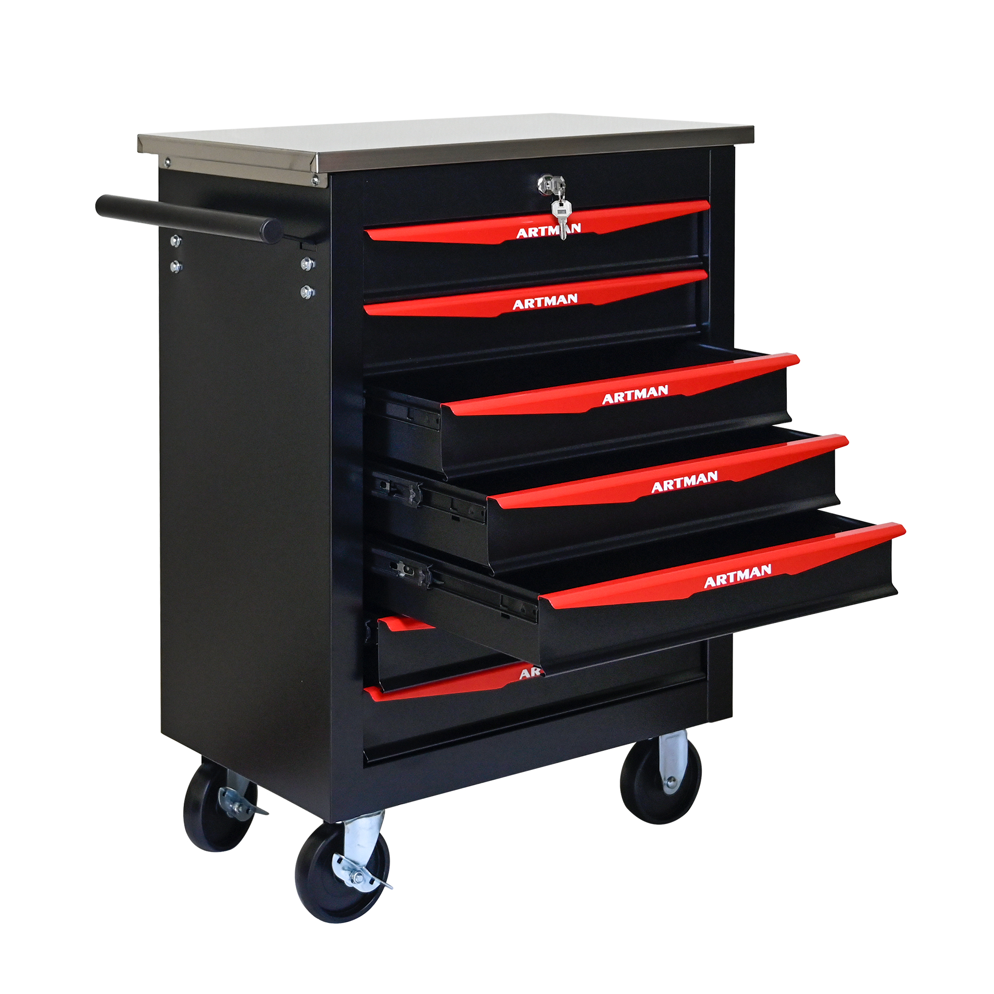 Elvmi Werkzeugwagen Mit 7 Abschließbaren Schubladen, 4 Rollen Mit Bremsen, Stahl, 62.5 X 34.5 X 78 Cm, Schwarz Rot