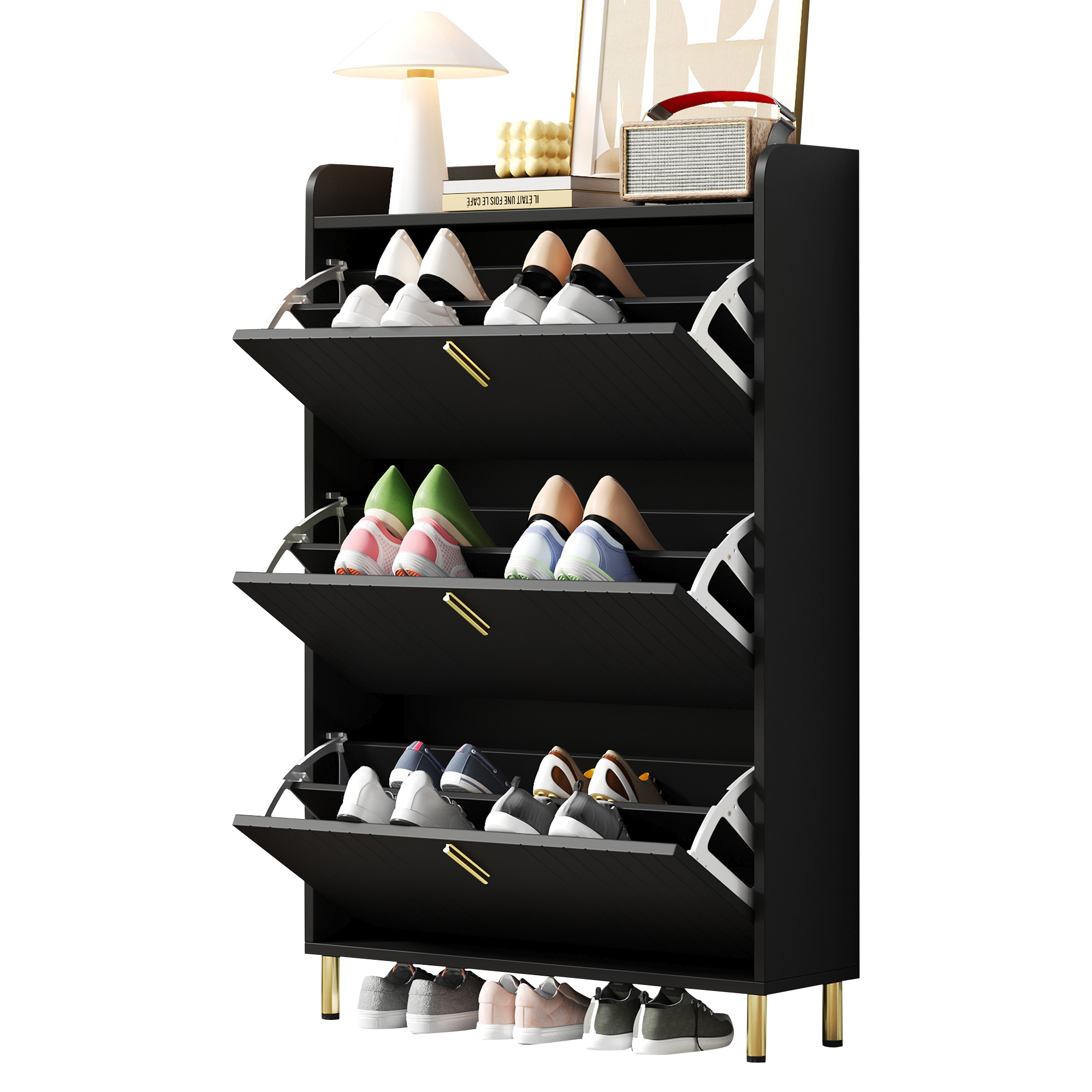 Elvmi Schuhschrank Mit 3 Klappen, Verstellbaren Einlegeböden Und Oberer Ablage Für Flur, Mdf, 80 X 23 X 123.5 Cm, Schwarz