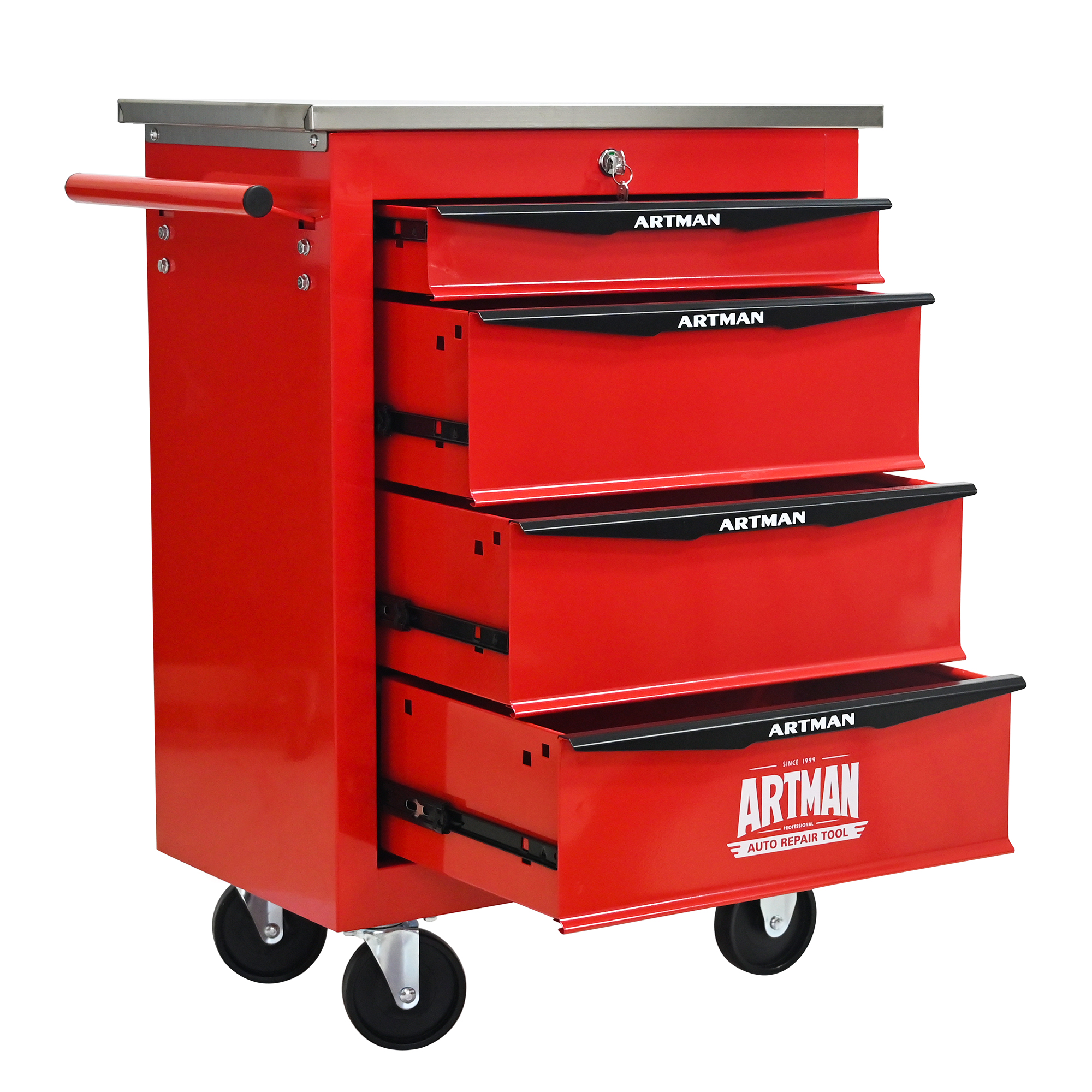 Elvmi Werkzeugwagen Mit 4 Schubladen, Rollen Mit Bremsen Und Schloss, Stahl Rot Schwarz, 62.5 X 34.5 X 78 Cm