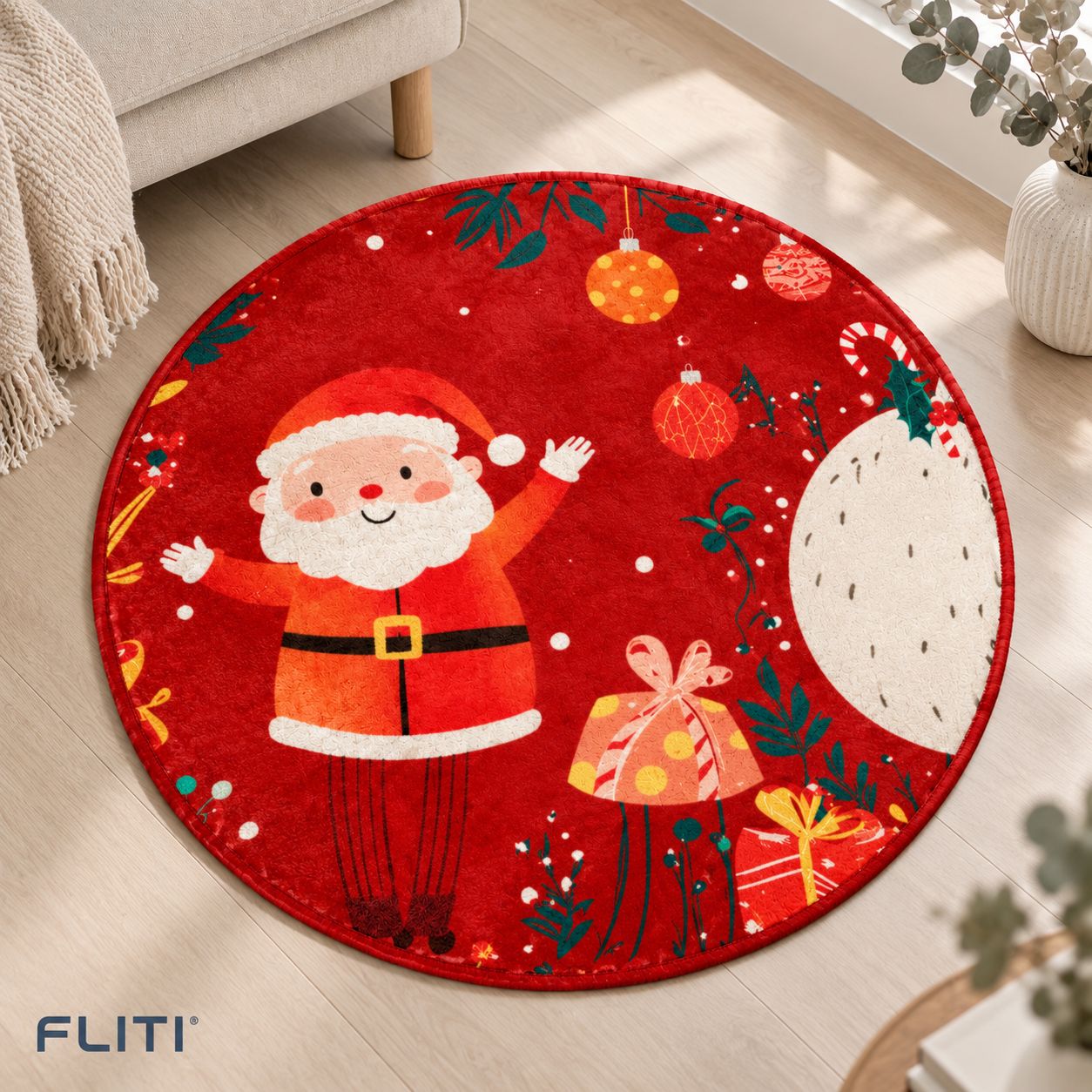 Fliti Runder Weihnachtsteppich Aus Kristallvelours, 60 X 60 Cm, Mit Weihnachtsmann-motiv, Rutschfest, Für Wohnzimmerdekoration