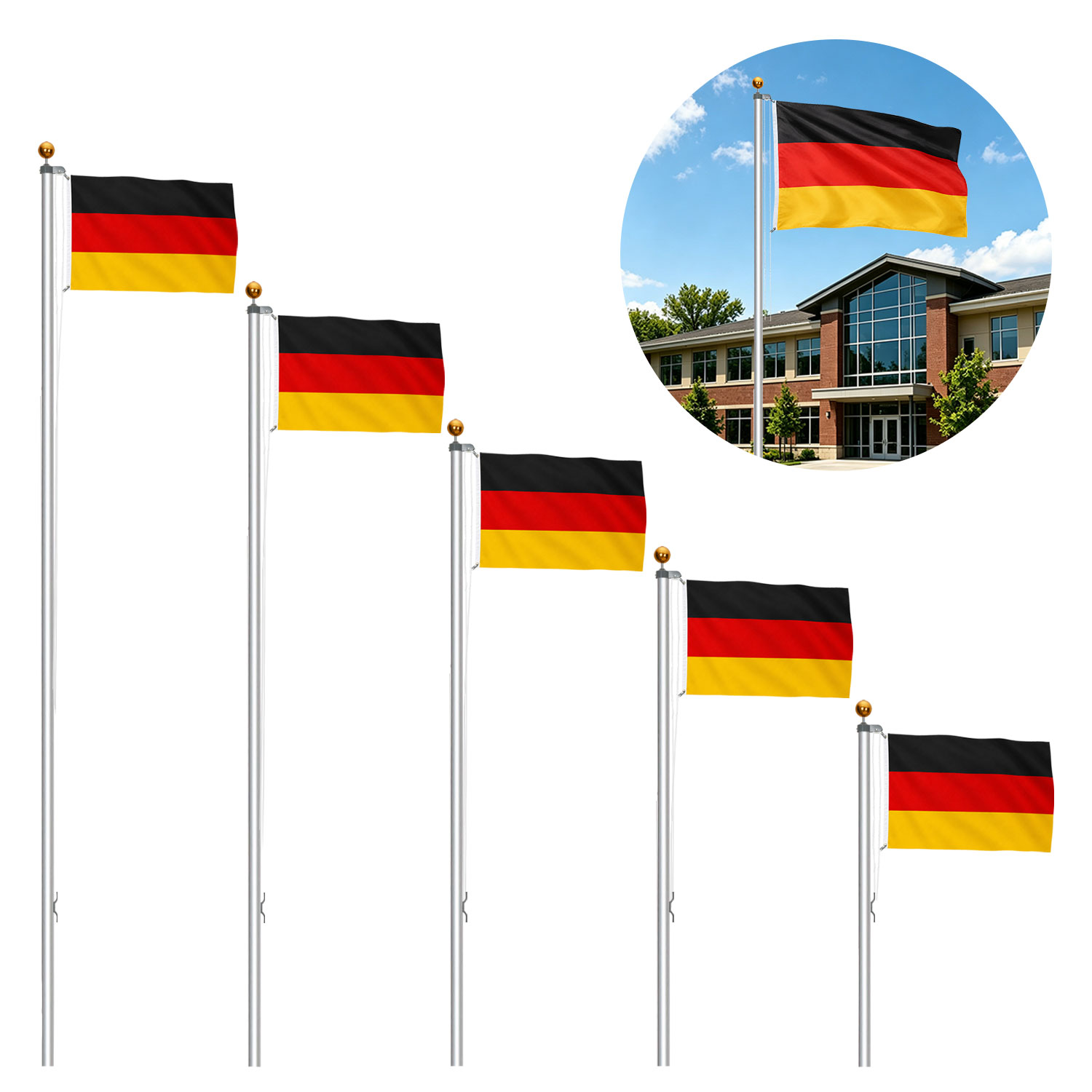 Jiubiaz Fahnenmast Silber Ø 50 Mm, 6-teilig, Mit Rolle, 11 M Seil, Deutschlandflagge Und Bodenhülse