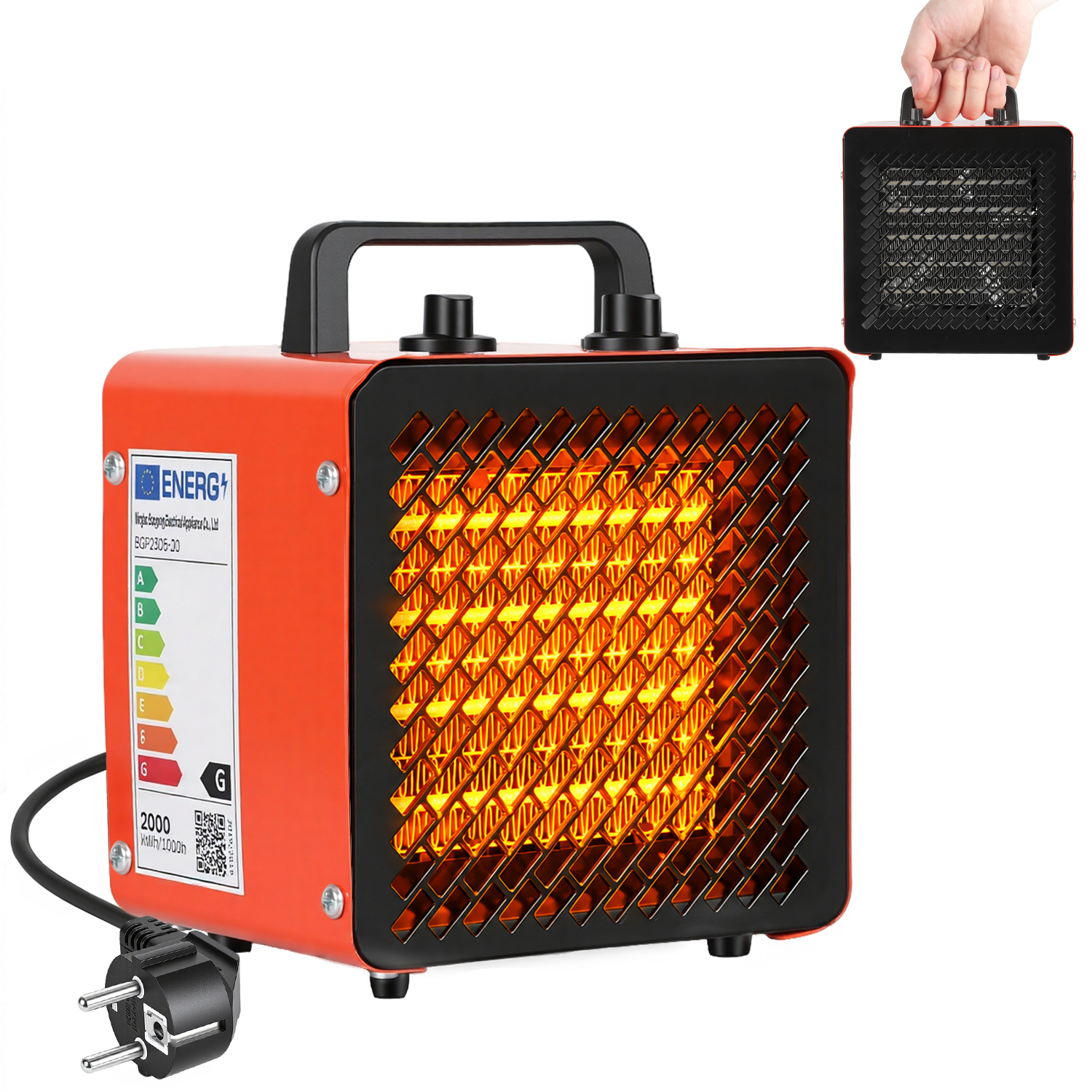 Jiubiaz 2000w Elektroheizer Heizlüfter, 2 Heizstufen + Kaltluft, Thermostat, Werkstatt Garage, Rot