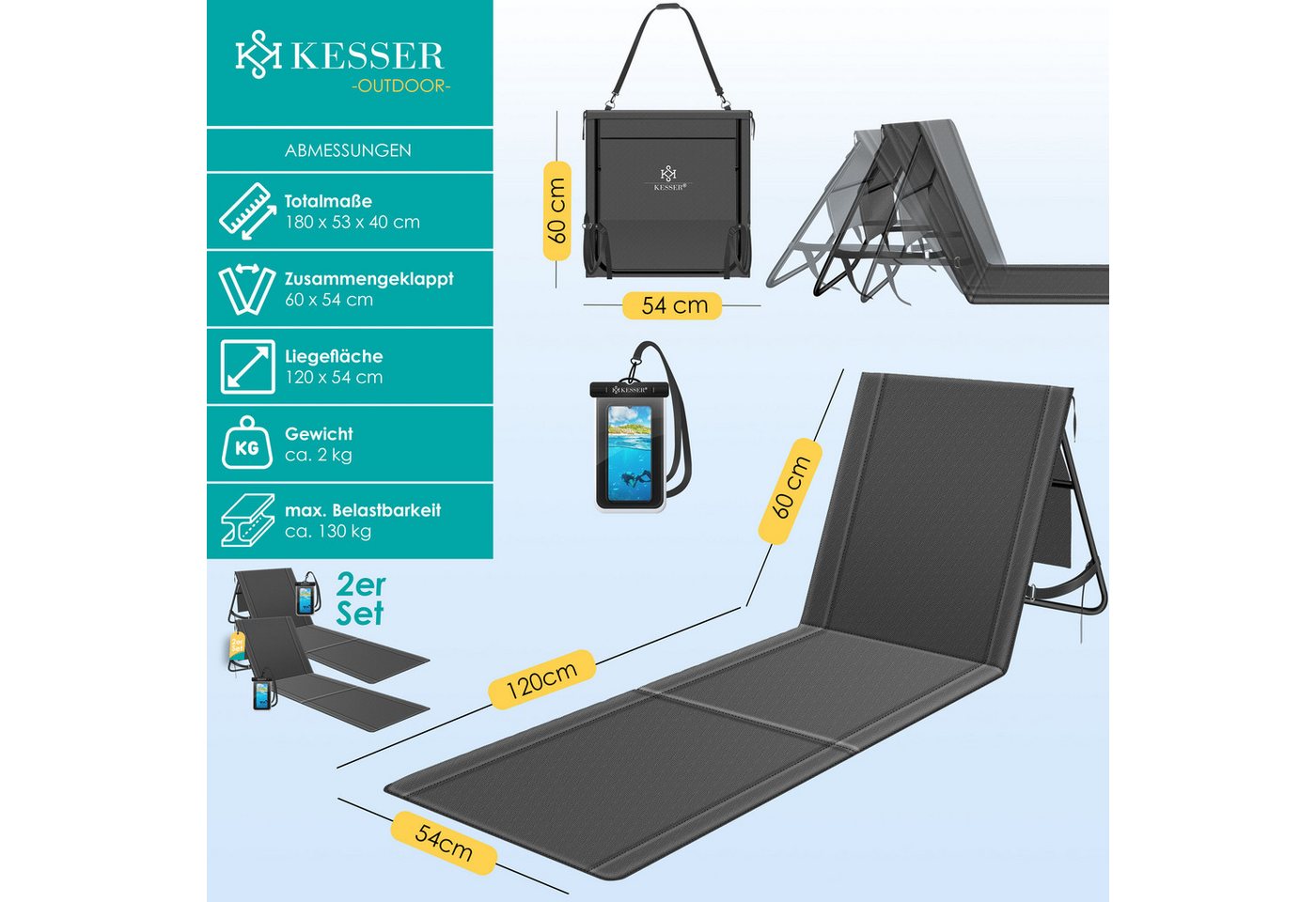 Kesser® Sonnenliege Klappbar, Bis 200 Kg, Verstellbar - 2er Set, Anthrazit