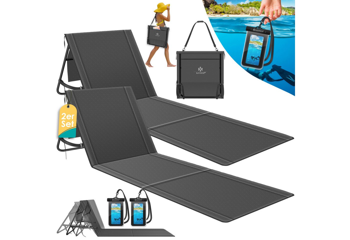 Kesser® Sonnenliege Klappbar, Bis 200 Kg, Verstellbar - 2er Set, Anthrazit Bild 2