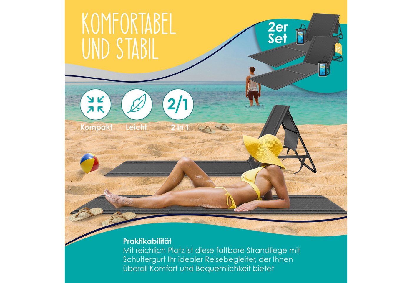 Kesser® Sonnenliege Klappbar, Bis 200 Kg, Verstellbar - 2er Set, Anthrazit Bild 5