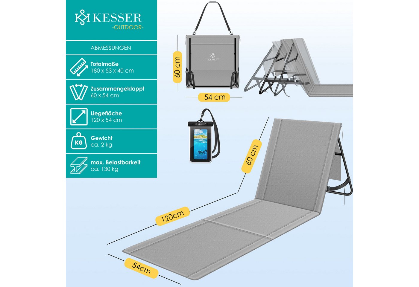 Kesser® Sonnenliege Klappbar, Bis 200 Kg, Verstellbar - 1er, Grau Bild 5