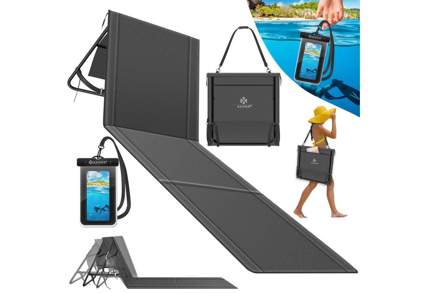 Kesser® Sonnenliege Klappbar, Bis 200 Kg, Verstellbar - 1er, Anthrazit