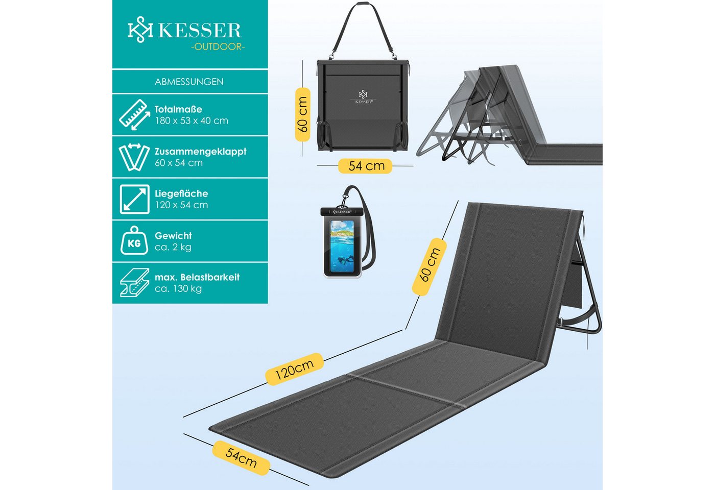 Kesser® Sonnenliege Klappbar, Bis 200 Kg, Verstellbar - 1er, Anthrazit Bild 2